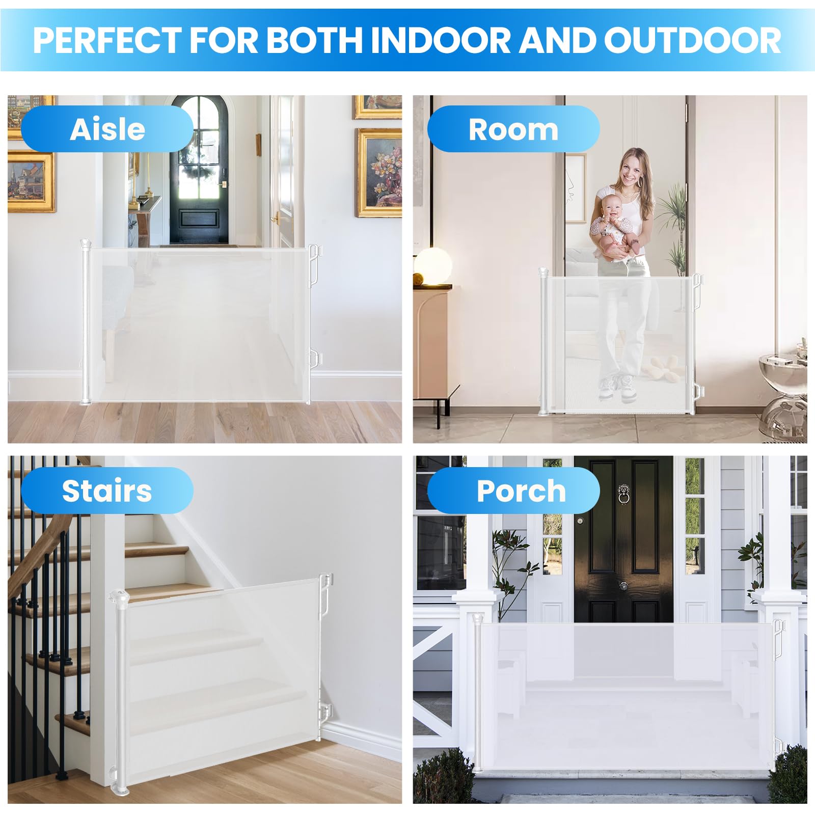 Spaceany Retractable Safety Baby Gate or Mesh Dog Gate,Durable Portable Mesh Retractable Gate,Easy to Use for Stairs, Doorways,