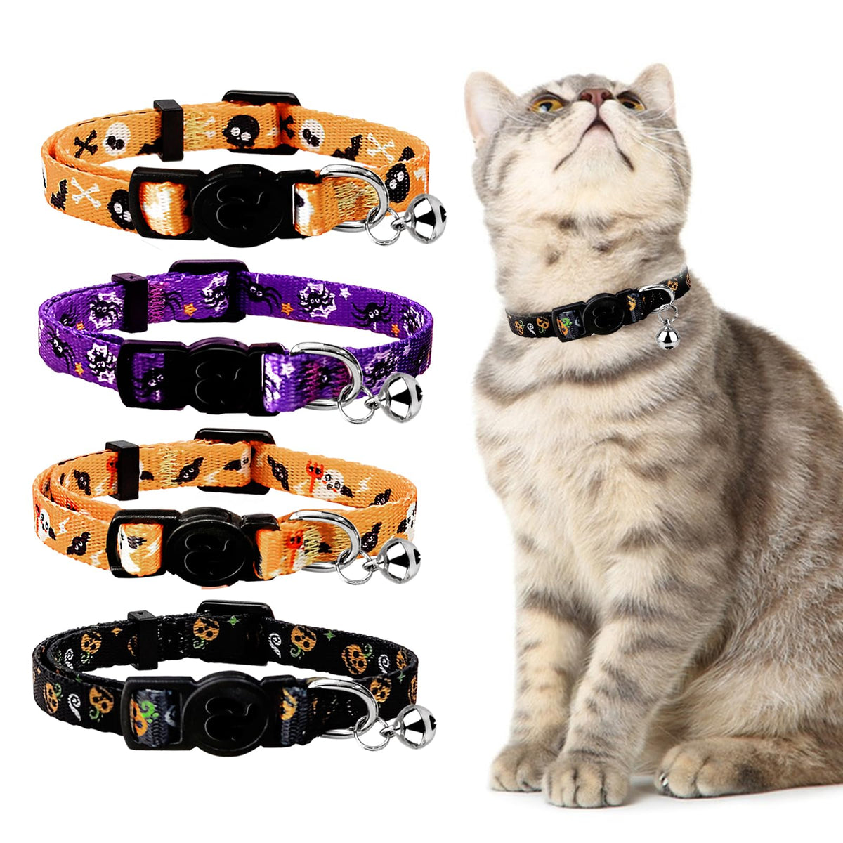 Azuza 4 Pack Halloween Cat Collars Breakaway With Bells, Adjustable Cat Collars With Safety Buckle,Adjustable From 8'-12', Skull And Crossbones,Ghosts, Spider And Pumpkin Prints