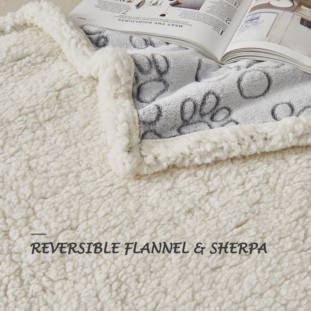 Qeils Dog Blanket - Waterproof, Washable Sherpa Fleece, 50"x60", Grey Paw Print for Large Dogs, Soft Plush Reversible Blanket