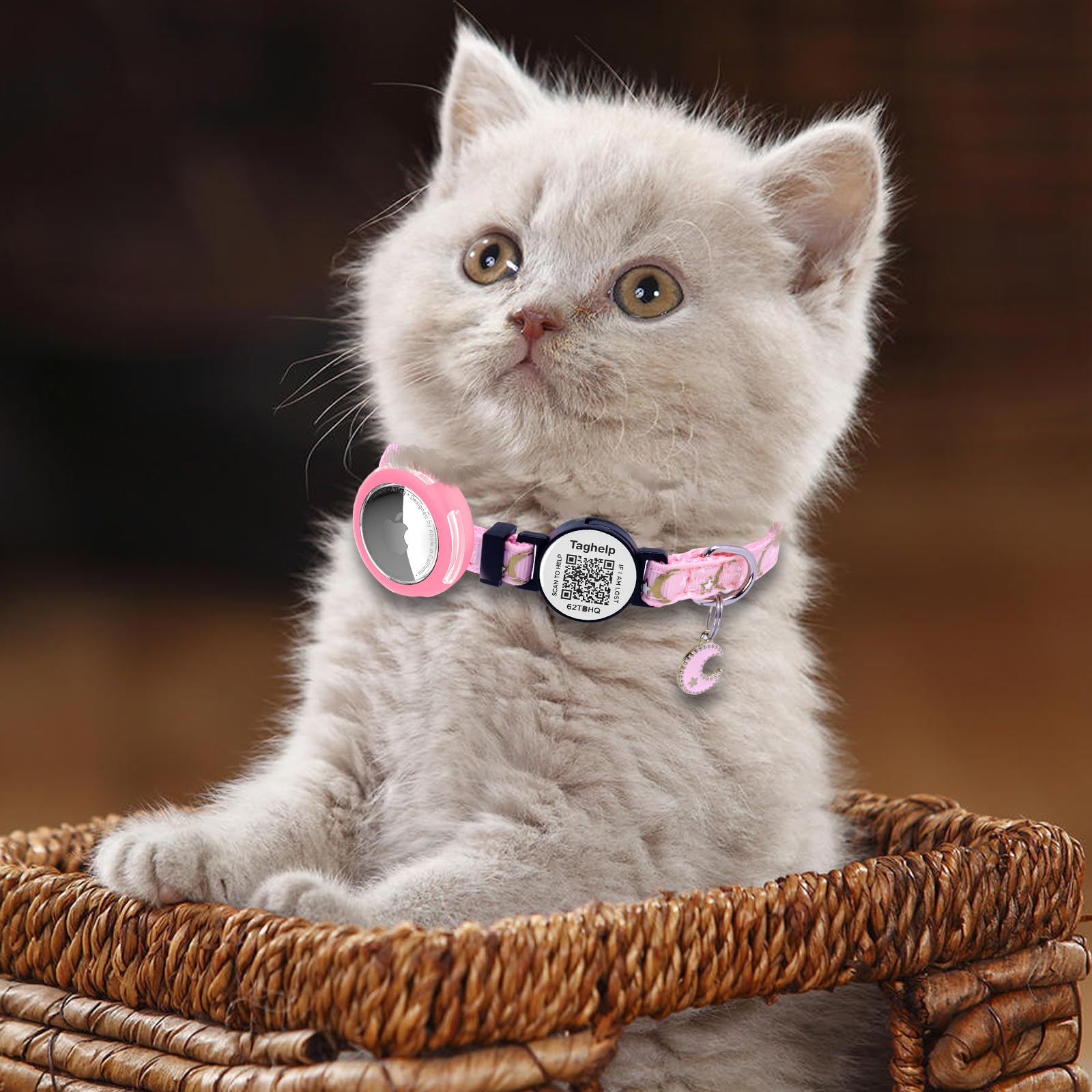 Waterproof Airtag Cat Collar Breakaway With Bell,Moon And Stars Pendant,Reflective Kitten Collar With Apple Airtag Holder,Safety