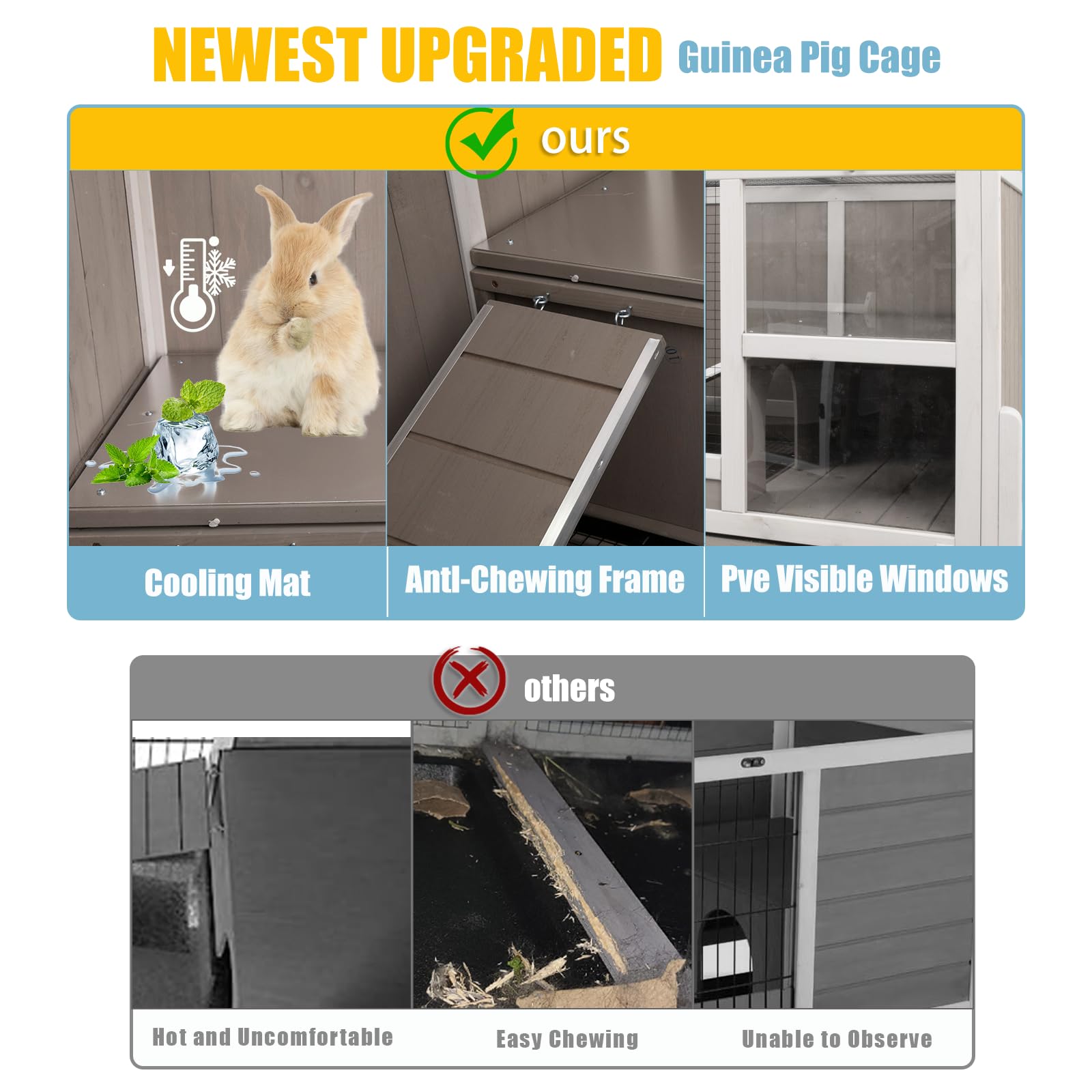 Ketive Guinea Pig Cages Indoor, Wooden Guinea Pig Cages With Stand, Rabbit Cage Hutch With Ramp And Hideout, Small Animals Cage