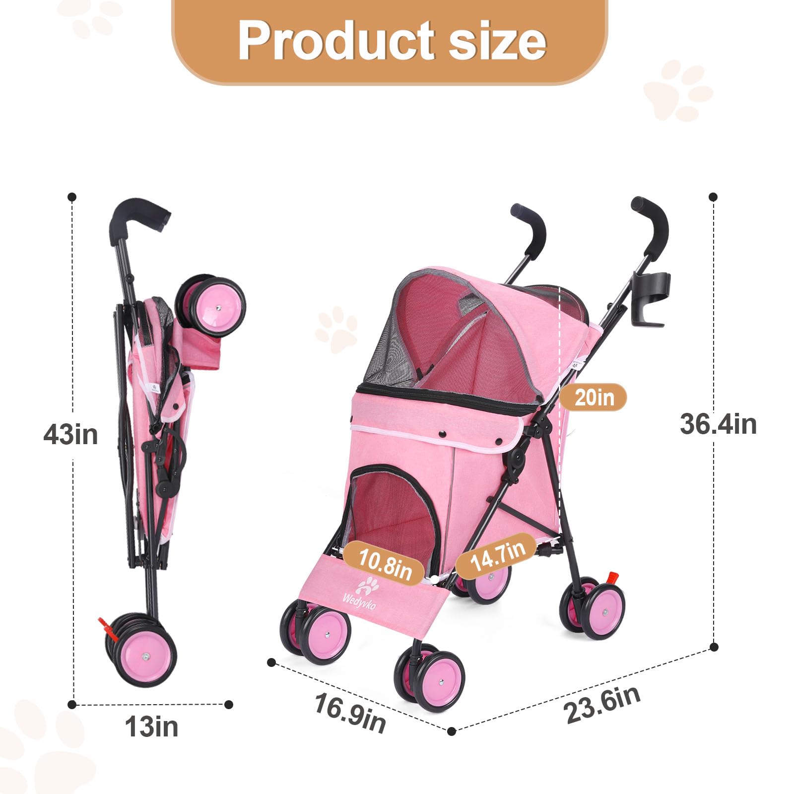 Umbrella Dog Stroller, 4 Wheels Pet Strolling, Foldable Carrier Pet Stroller for Small Dogs Cats, with Carrying Strap and Cup Ho
