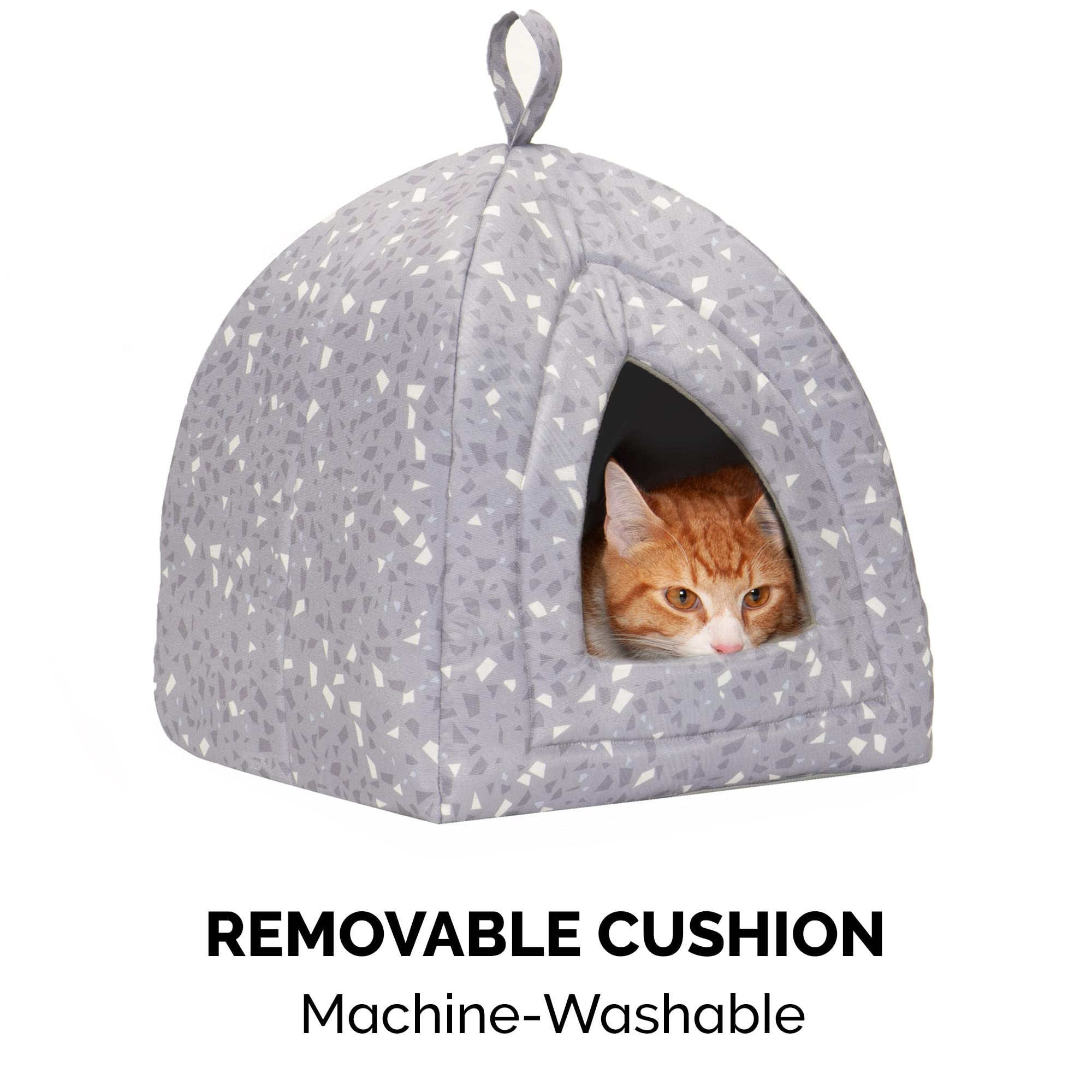 Furhaven Small Cat Bed Polycanvas Print D?or Foldable Pet Tent, Washable - Gray Terazzo, Small