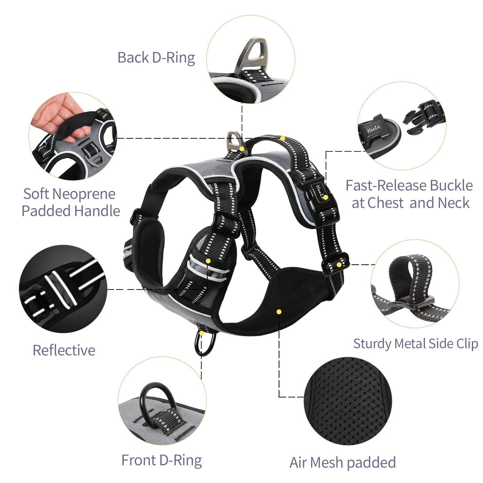 Heele Dog Harness, No Pull Adjustable Padded Reflective Harness For Small Medium Large Dogs With Handle For Walking Training, Gr