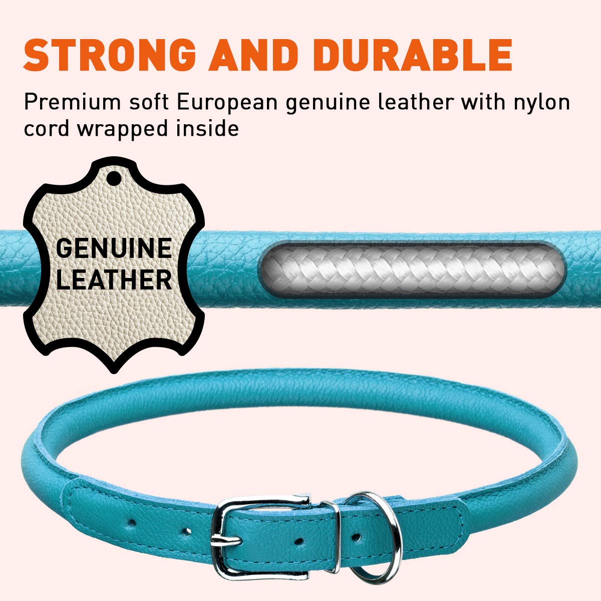 Dogline Rolled Leather Dog Collar - For Small, Medium And Large Breeds - Soft And Padded Round Luxury Design 1/2 By 22-25'' Roun