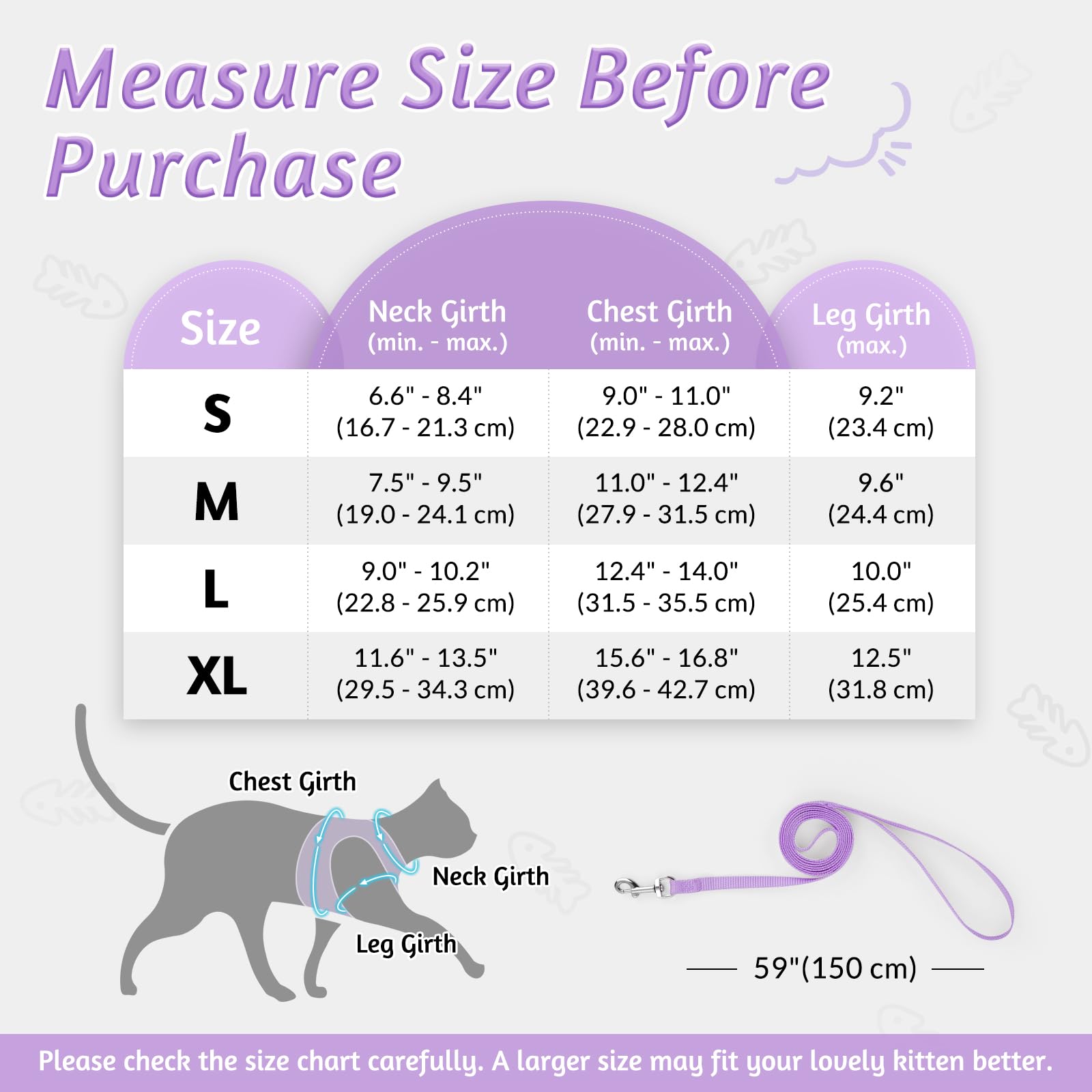 Rabbitgoo Cat Harness And Leash Set For Walking Escape Proof, Adjustable Soft Kittens Vest With Reflective Strip For Cats, Comfortable Outdoor Vest, Light Purple, L