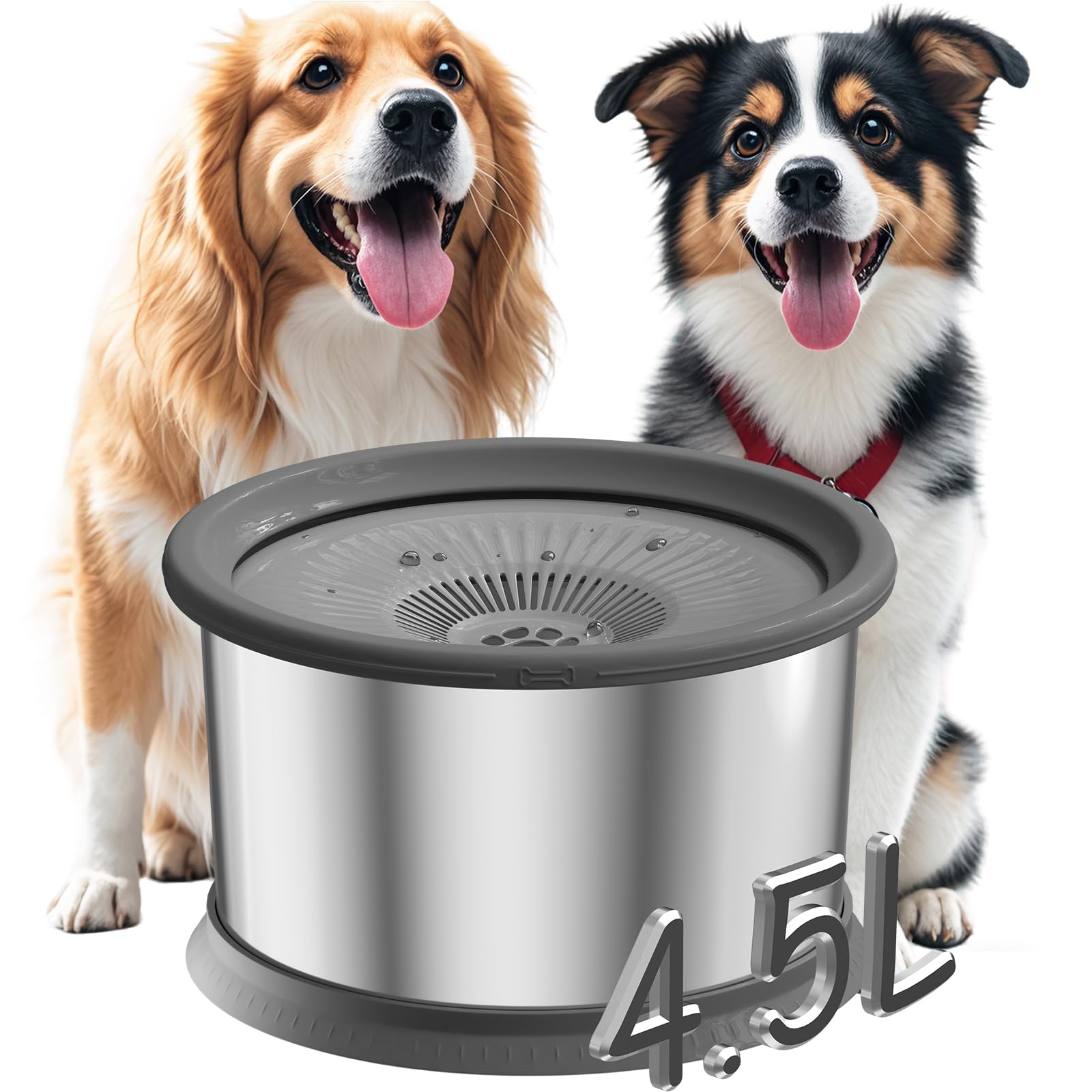 4.5L Dog Water Bowl No Spill 1.2 Gallon Stainless Steel Water Bowl for Dogs 150oz No Mess Slow Water Feeder with Anti-Slip Mat f