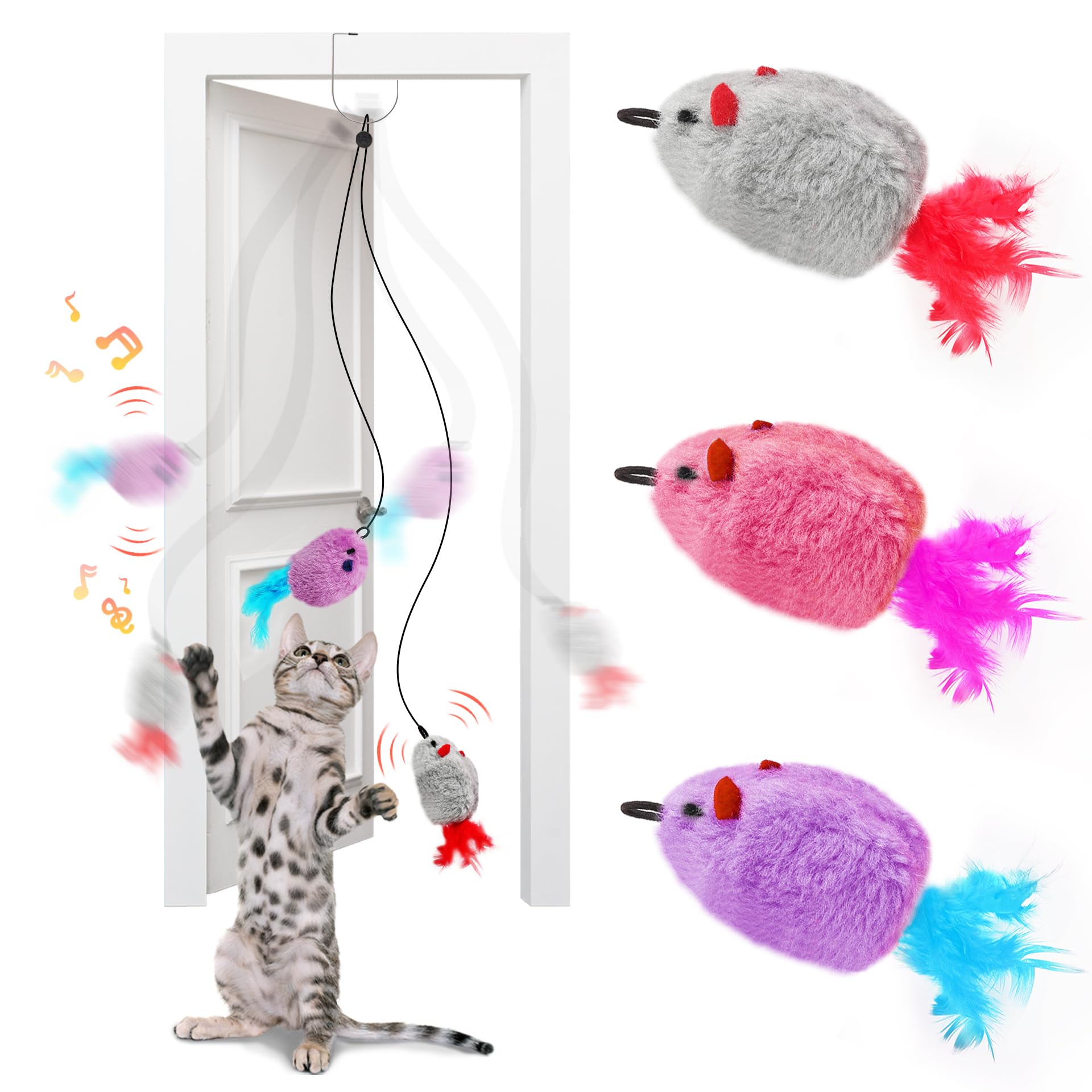 Lekewpet Hanging Cat Toys Mice With Squeaky Sound 3Pcs, Retractable Teaser Toy, Interactive Cat Toys For Indoor Bored Kitten Sel