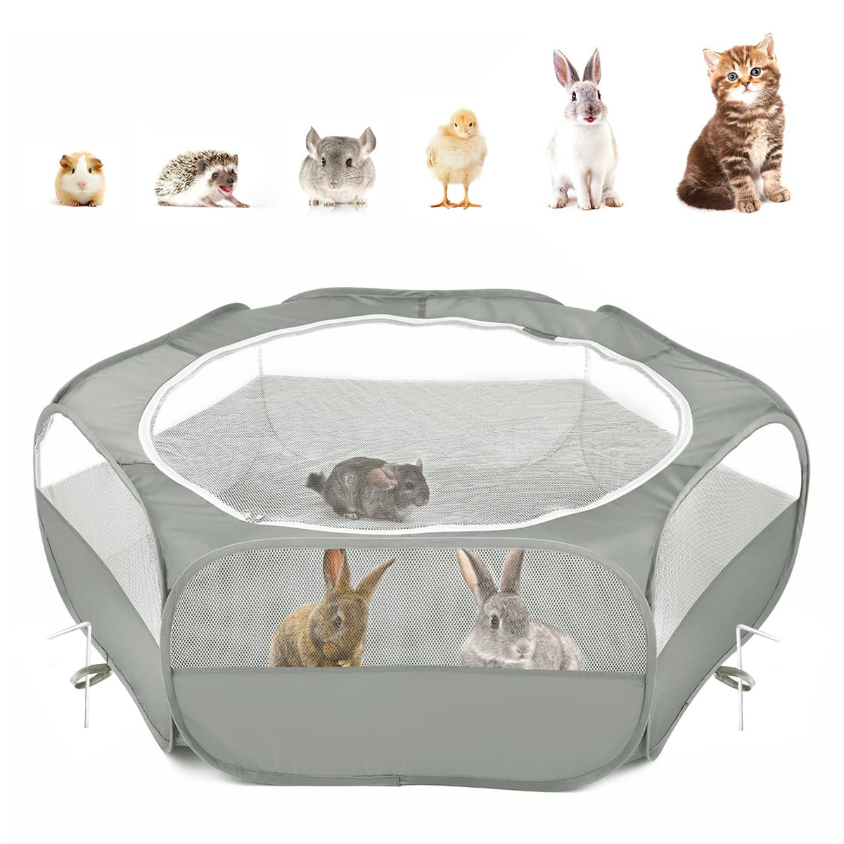 Pawaboo Small Animals Playpen, Breathable & Waterproof Small Pet Cage Tent With Zippered Cover, Portable Outdoor Yard Fence For Kitten/Puppy/Guinea Pig/Rabbits/Hamster/Chinchillas, Light Gray