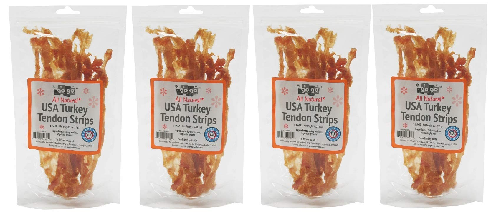GOGO 3oz Turkey Tendon Strips Dog Chew Treats Sources and Made in The USA (4 Pack)