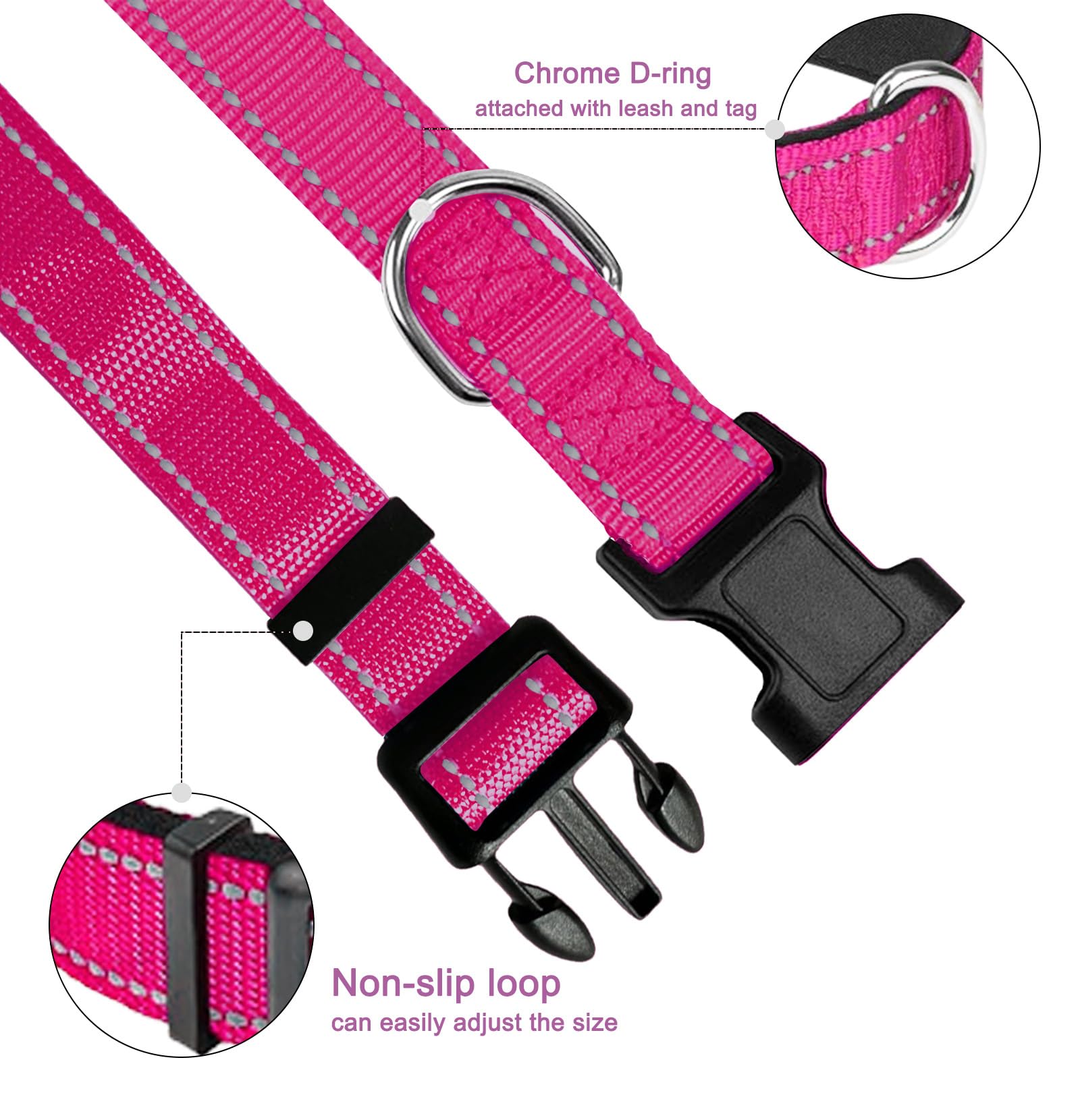 Pink Dog Collar, Reflective Pet Collar with Buckle Adjustable Safety Nylon Collars for Small Medium Large Dogs, Hot Pink, XS