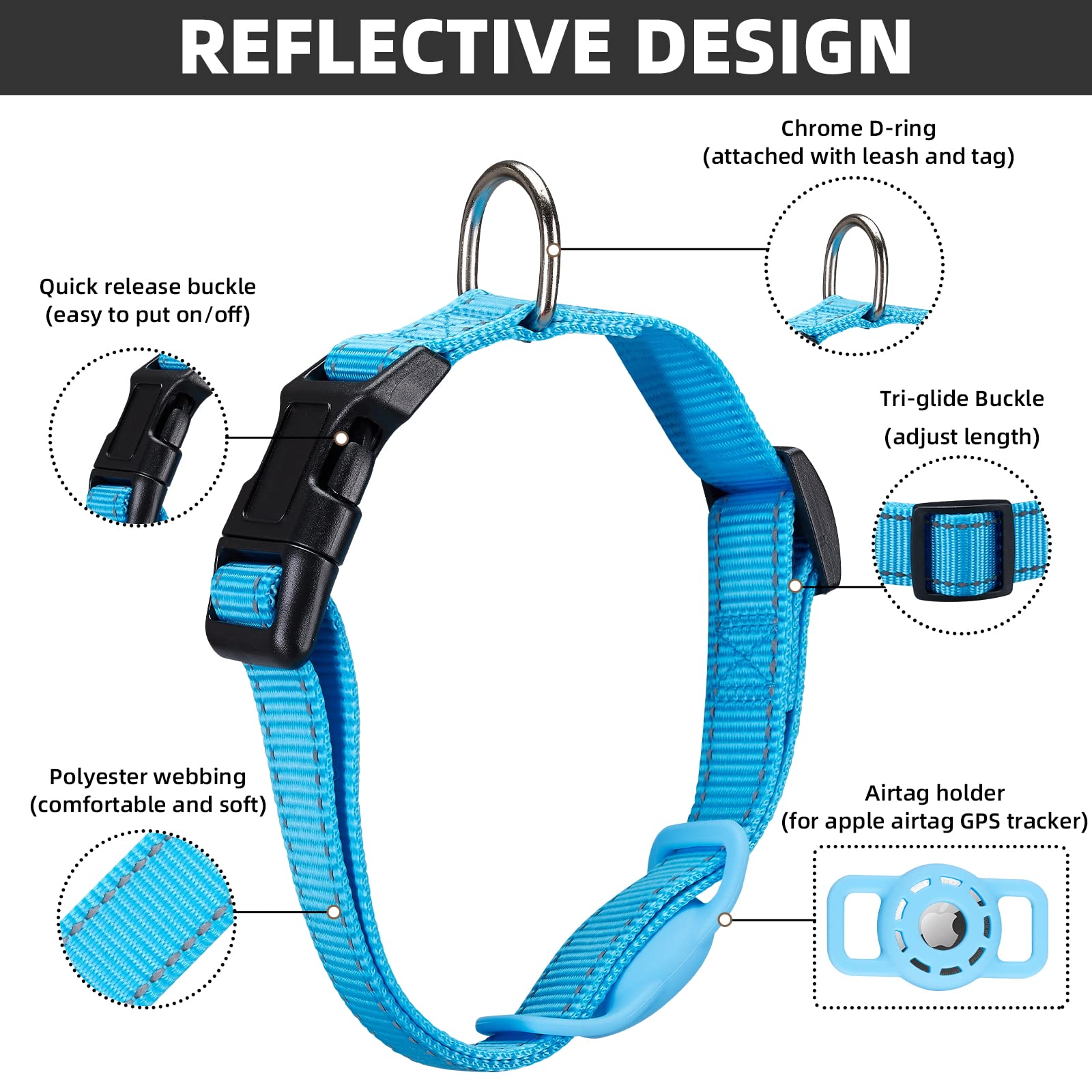 Konity Airtag Cat Collar, Compatible With Apple 2021, Nylon Pet Kitten Puppy Collar With Silicone Holder For Small Dogs, Blue,Xs: 8''-12'' Neck