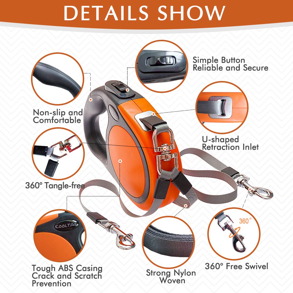 Kooltail Dual Retractable Dog Leash For Two Dogs Up To 110 Lbs, Heavy Duty Double Headed 16 Ft Flexi Extendable 360?Tangle-Free One Button&Lock Brake Dog Leash For Small Medium Large Dogs Puppyorange