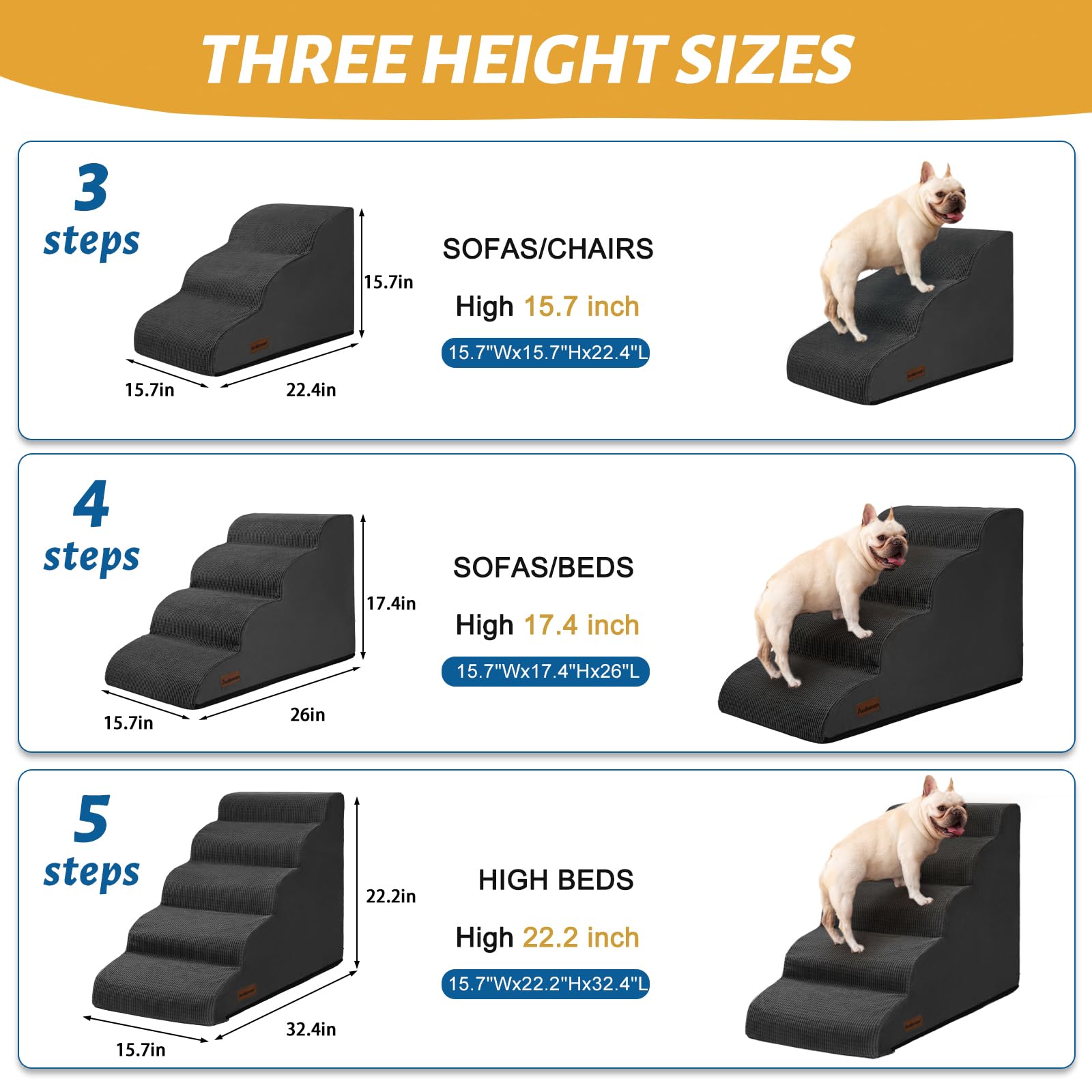 Aodisman 5-Step Dog Stairs and Ramp for High Bed, Non-Slip Sturdy Pet Steps for Small Dogs and Cats,22.2 H, Black