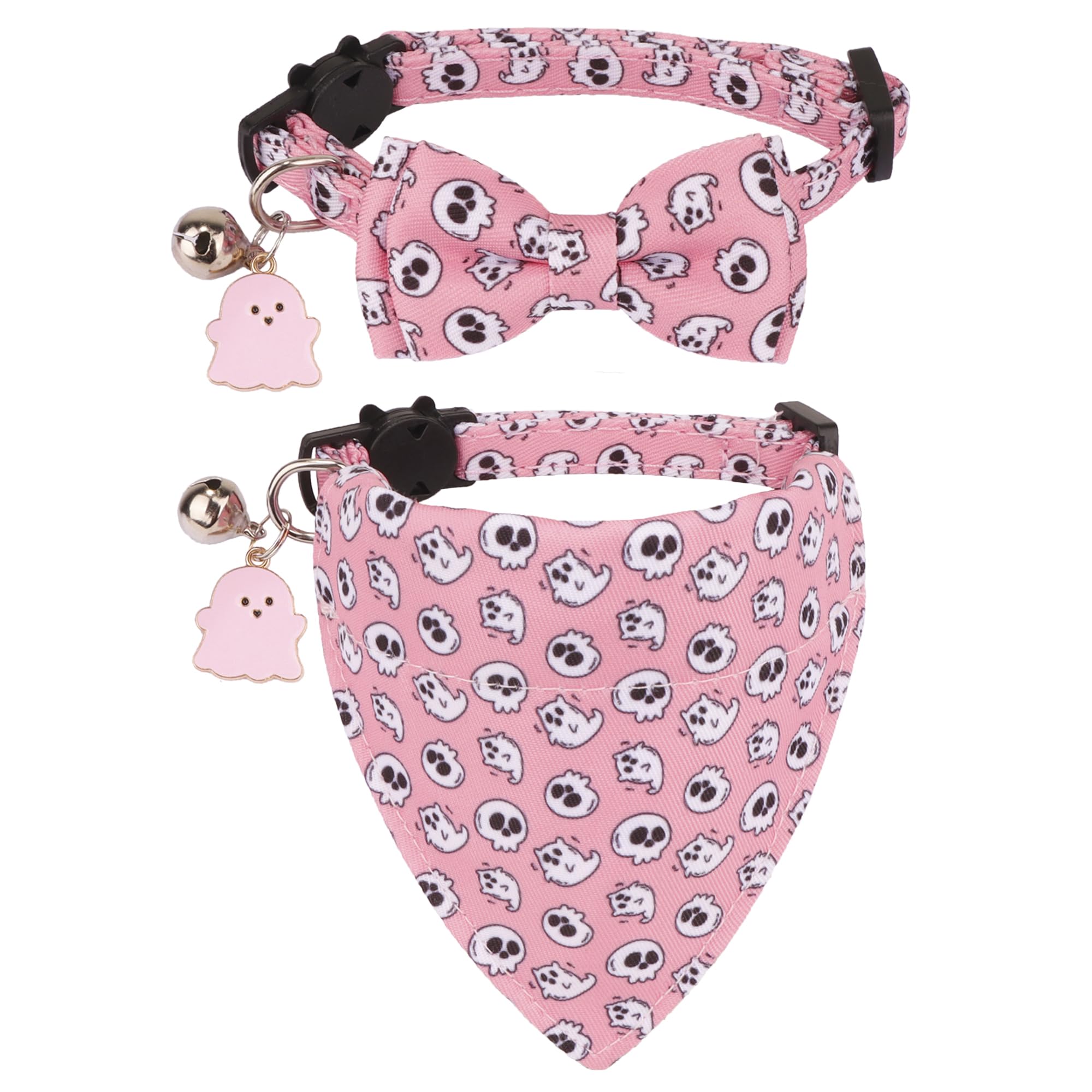 Adoggygo Pink Halloween Cat Collar With Bowtie Bell, 2 Pack Halloween Kitten Collar With Removable Bow, Pink Skull Ghost Collars