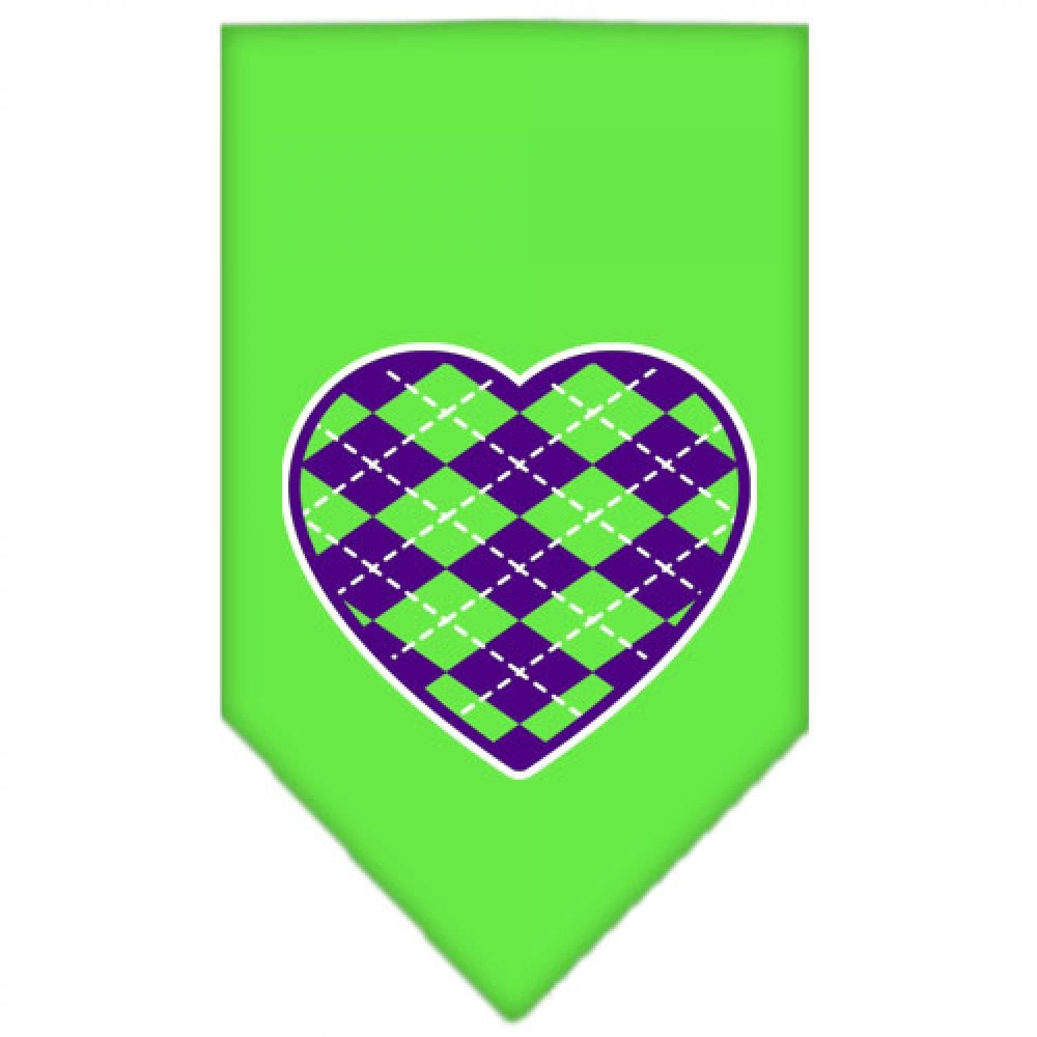 Pet and Dog Bandana Screen Printed, &quot;Argyle Heart Purple&quot; Lime Green Small