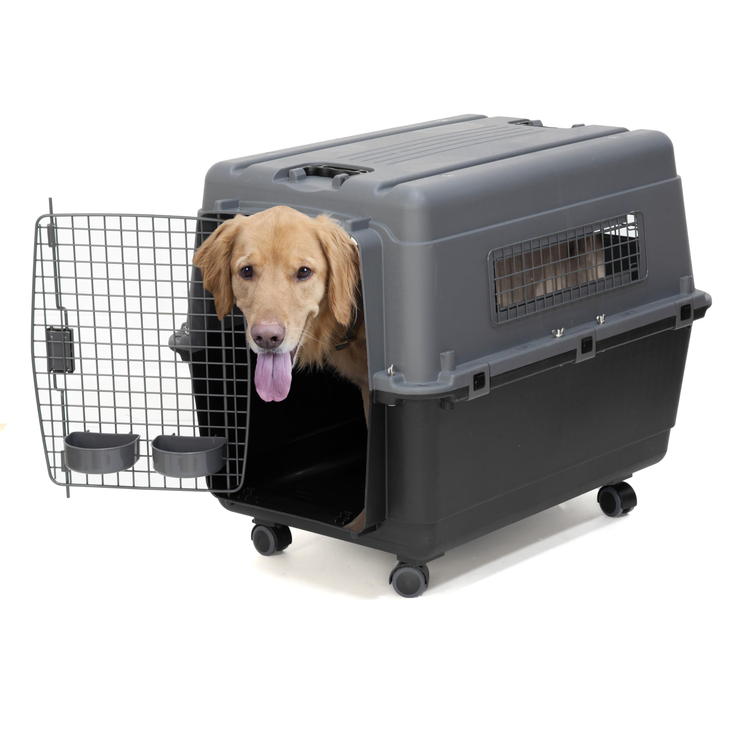 SportPet Airline Approved Wire Door Travel Dog Crate, Durable Plastic Pet Travel Kennel with Removable Wheels,Collapsible, Food