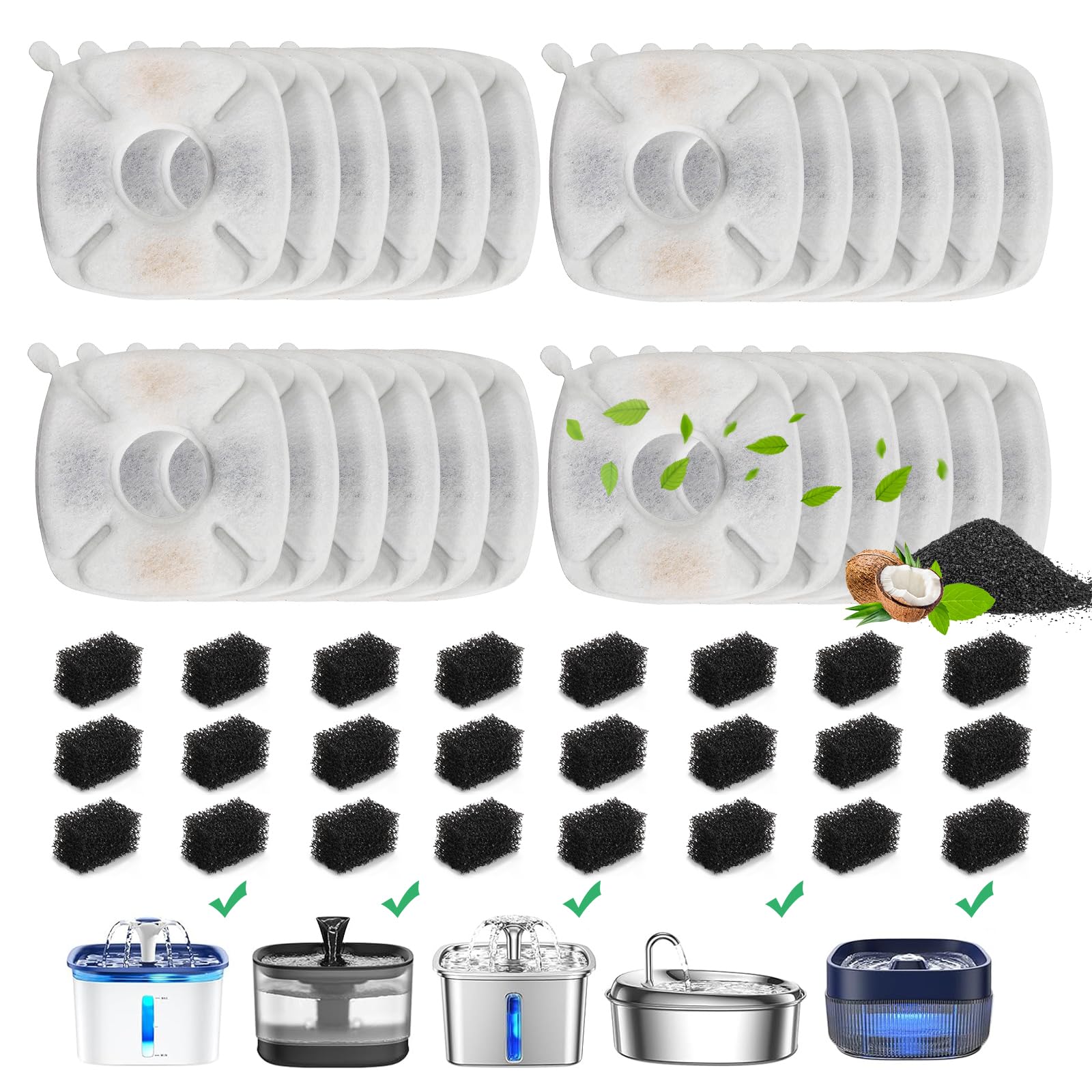 Dooob Cat Water Fountain Filter, 24 Packs Cat Fountain Filter, 48 Pcs Cat Fountain Replacement Filters, Pet Water Fountain Filte