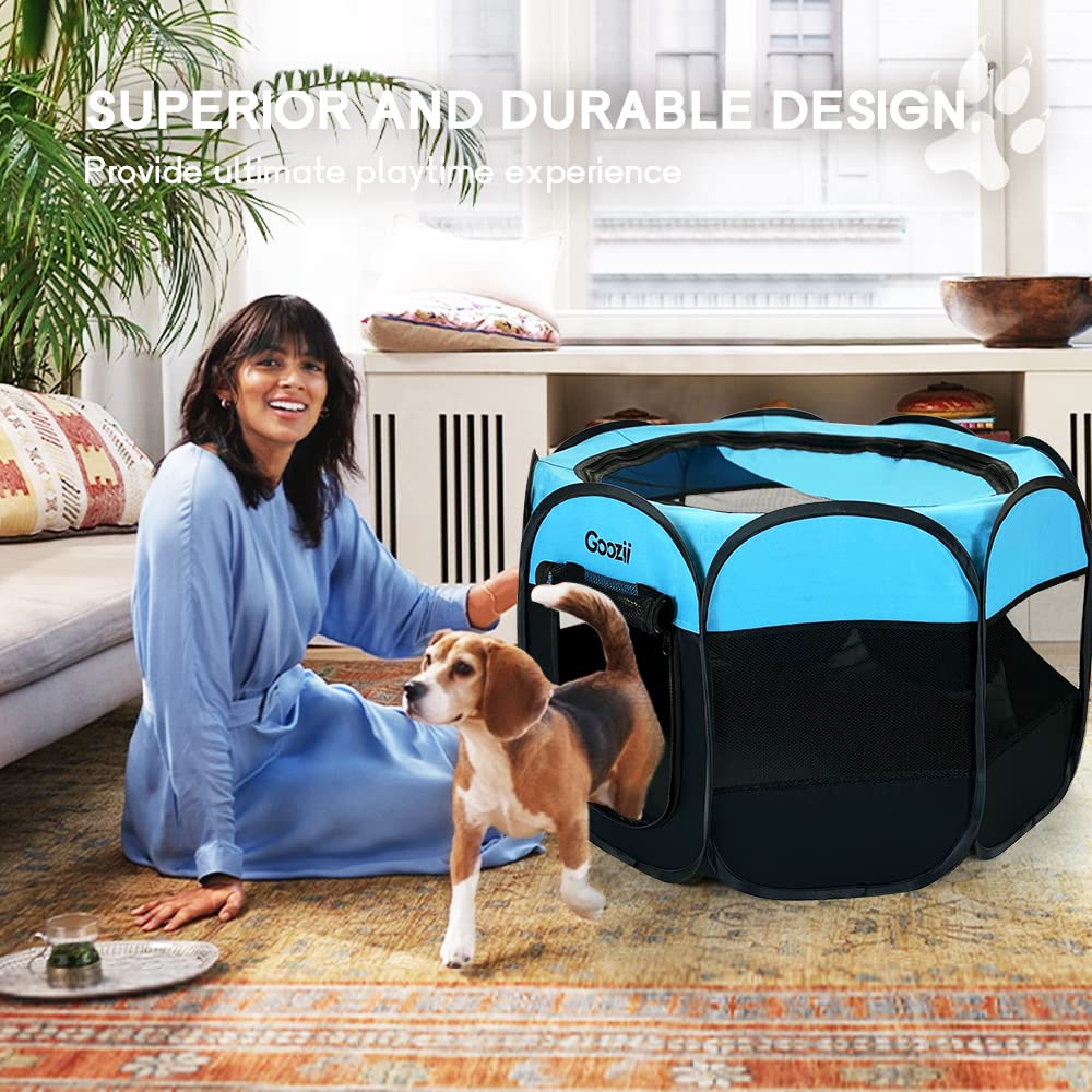 Goozii Dog Playpen Portable Collapsible, Indoor Outdoor Pet Puppy Exercise Playpens Case With Zipper Door Top Cover Floor For La