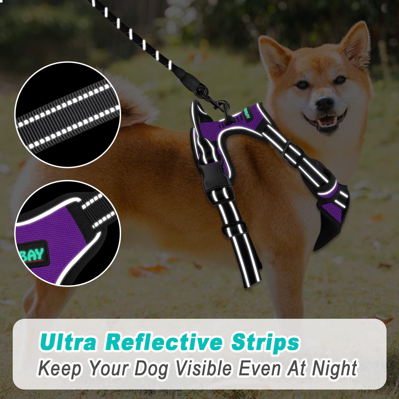 Barkbay No Pull Dog Harness Large Step In Reflective Dog Harness With Front Clip And Easy Control Handle For Walking Training Running(Purple,M)