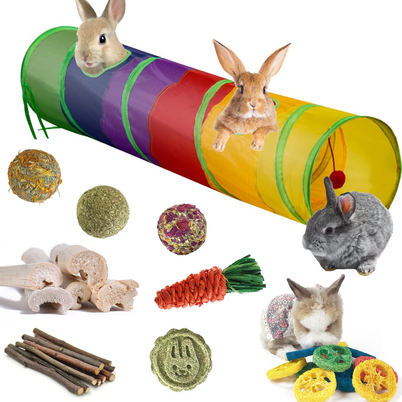 Rabbit Toys, Large Bunny Hideout Tunnel And Tube With Chew Toys For Grinding Teeth Apple Sticks Bamboo Carrot Loofah And Grass B