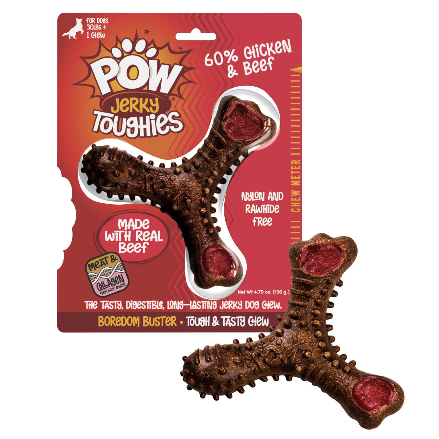 POW Jerky Toughies Tri-Bone Beef Dog Chew, Rawhide-Free & Nylon-Free, Real Beef & Collagen, Dental Texture, for Moderate Chewers