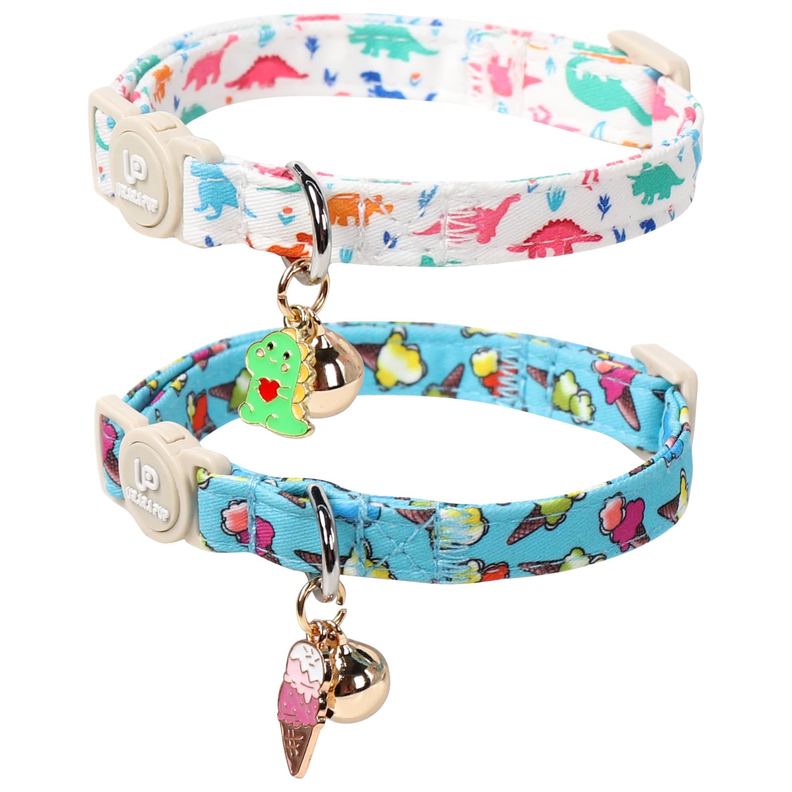 Up Urara Pup Cat Collar, 2Pack Summer Kitten Collars-Breakaway Kitty Collars-Cute Dinosaur And Icecream Pendants,Cat Collar With