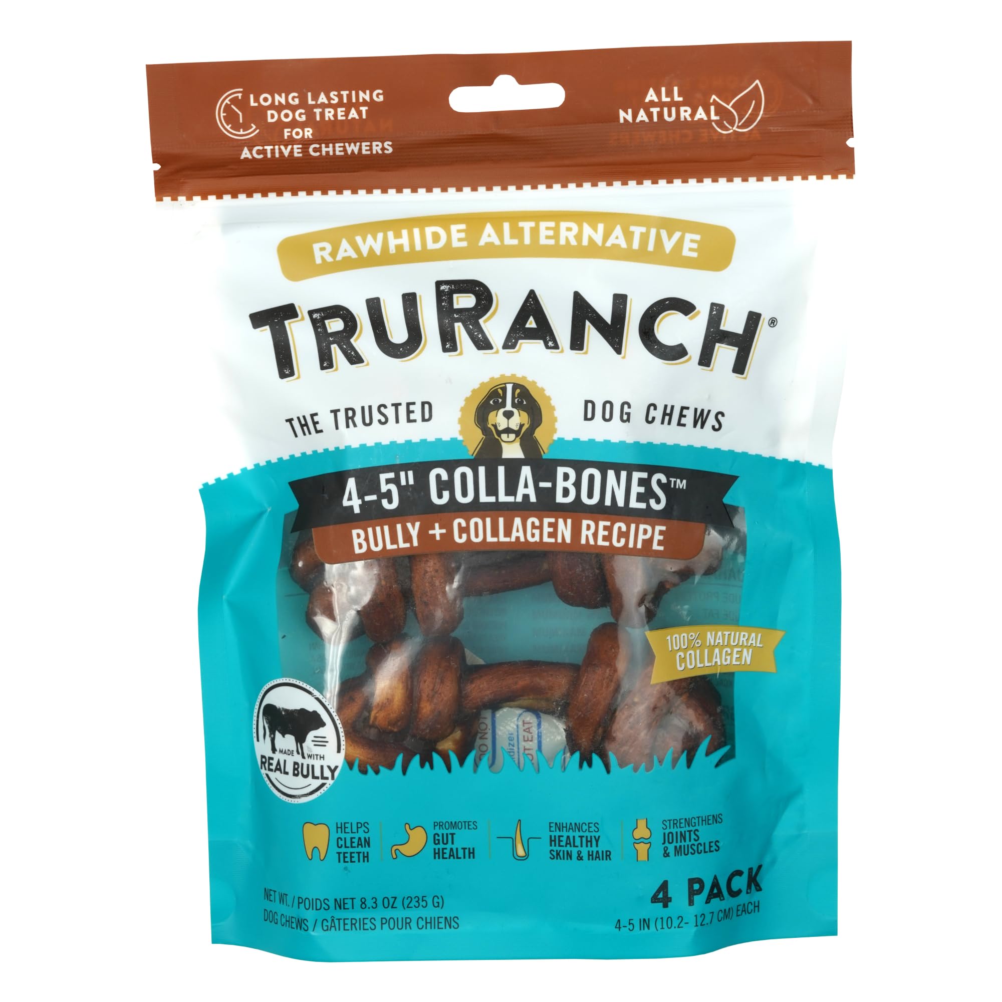 TRURANCH 4-5 Collagen Bones, Bully - Collagen Dog Bones - Long Lasting Healthy Joint Support Dog Treat - Rawhide Alternative - S