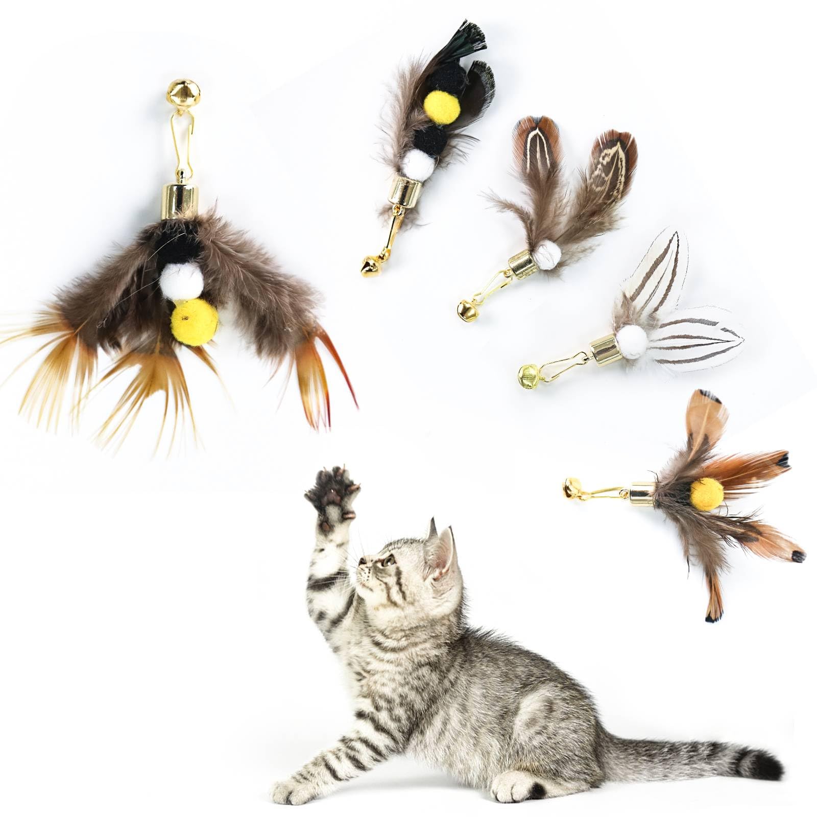 Hokoad Cat Insect Feather Toys - Cat Wand And 6 Natural Insect Feathers Refill, Interactive Teaser With Bell