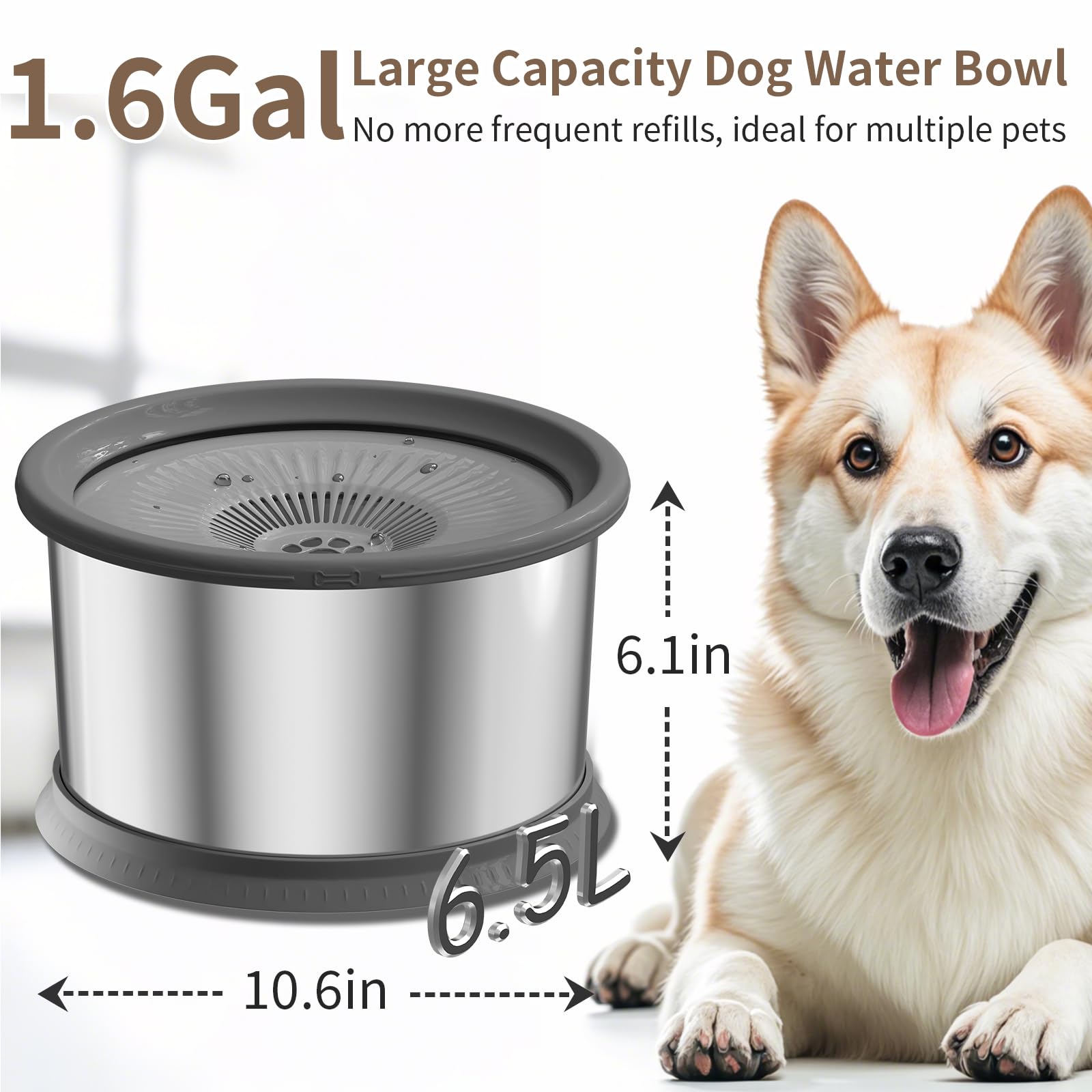 6.5L Dog Water Bowl No Spill 1.6 Gallon Stainless Steel Water Bowl For Dogs 220Oz Large Capacity No Splash Slow Drinking Feeder
