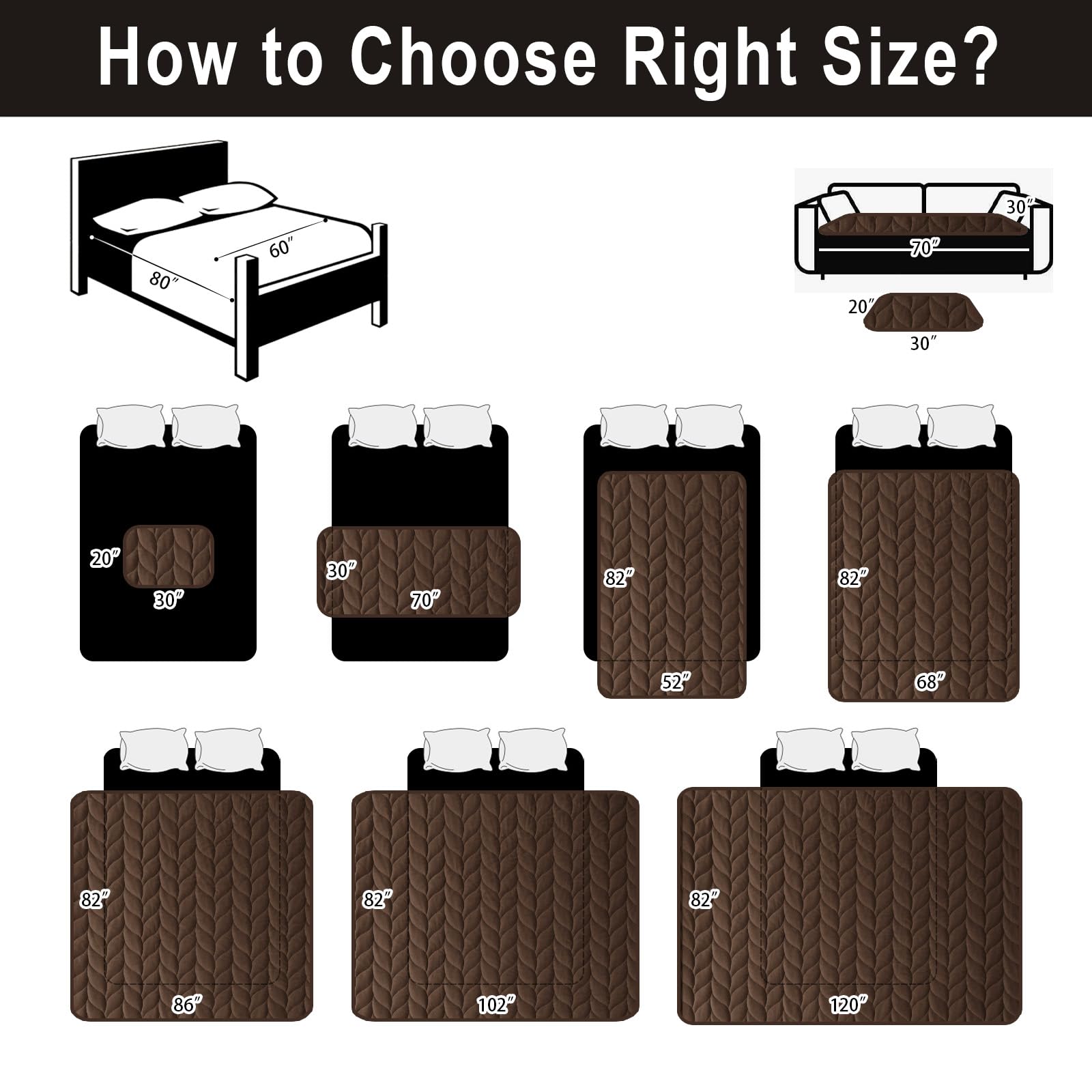 Topthumbs 100% Waterproof Dog Bed Cover, 30x70inch Brown Sofa Cover Anti-Slip, Reusable Changing Pad, Washable Camping Mat for P