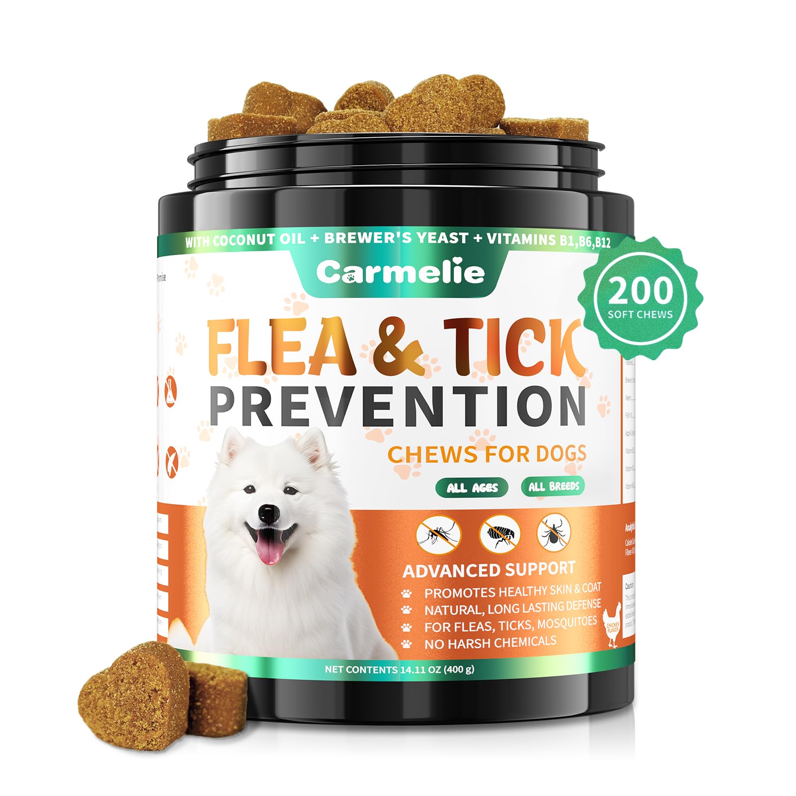 Carmelie Flea and Tick Prevention for Dogs Chewables - 200 Soft Chews Natural Dog Flea and Tick Chewables, Oral Flea Supplement 