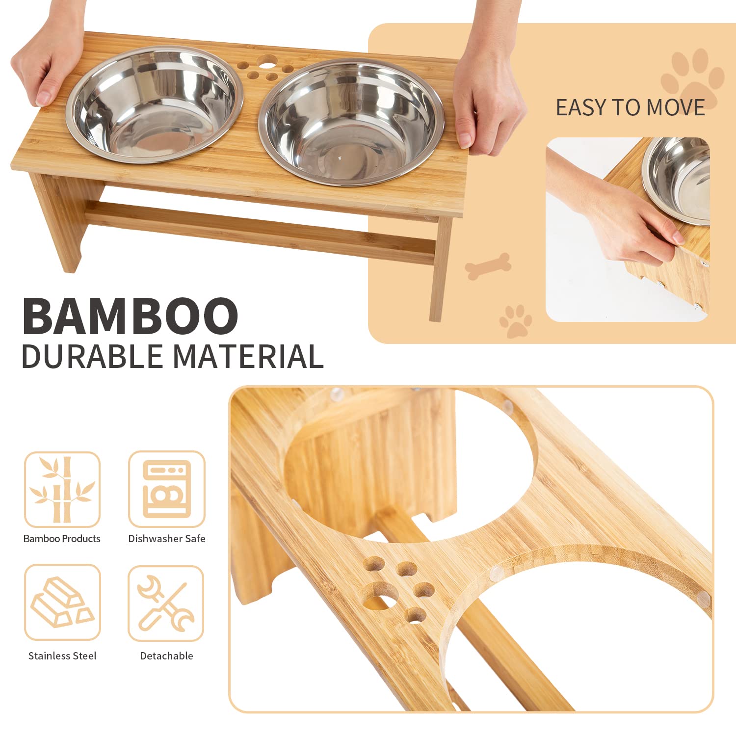 FOREYY Raised Pet Bowls for Cats and Small Dogs, Bamboo Elevated Dog Cat Food and Water Bowls Stand Feeder with 2 Stainless Stee