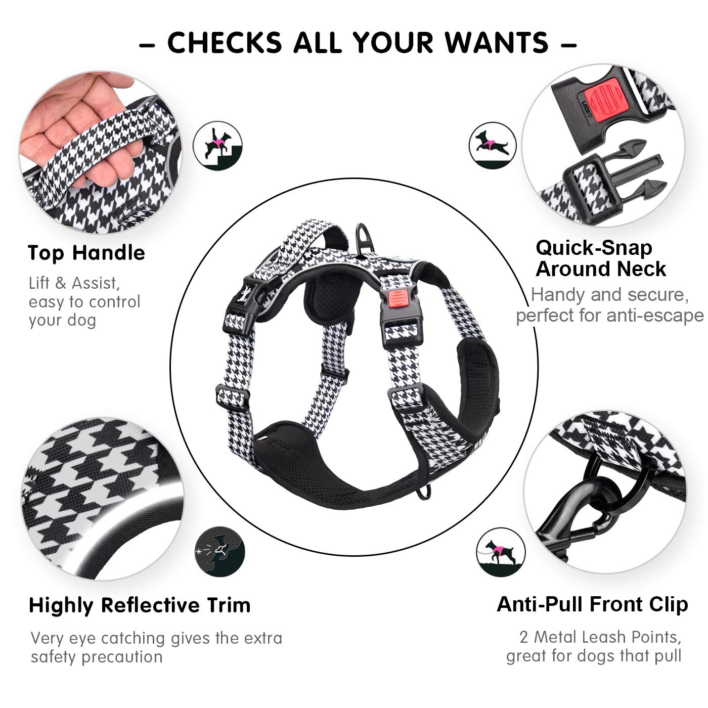 Poypet No Pull Dog Harness, [Release On Neck] Reflective Adjustable No Choke Pet Vest With Front & Back 2 Leash Attachments, Soft Control Training Handle For Small Medium Large Dogs(Houndstooth,S)