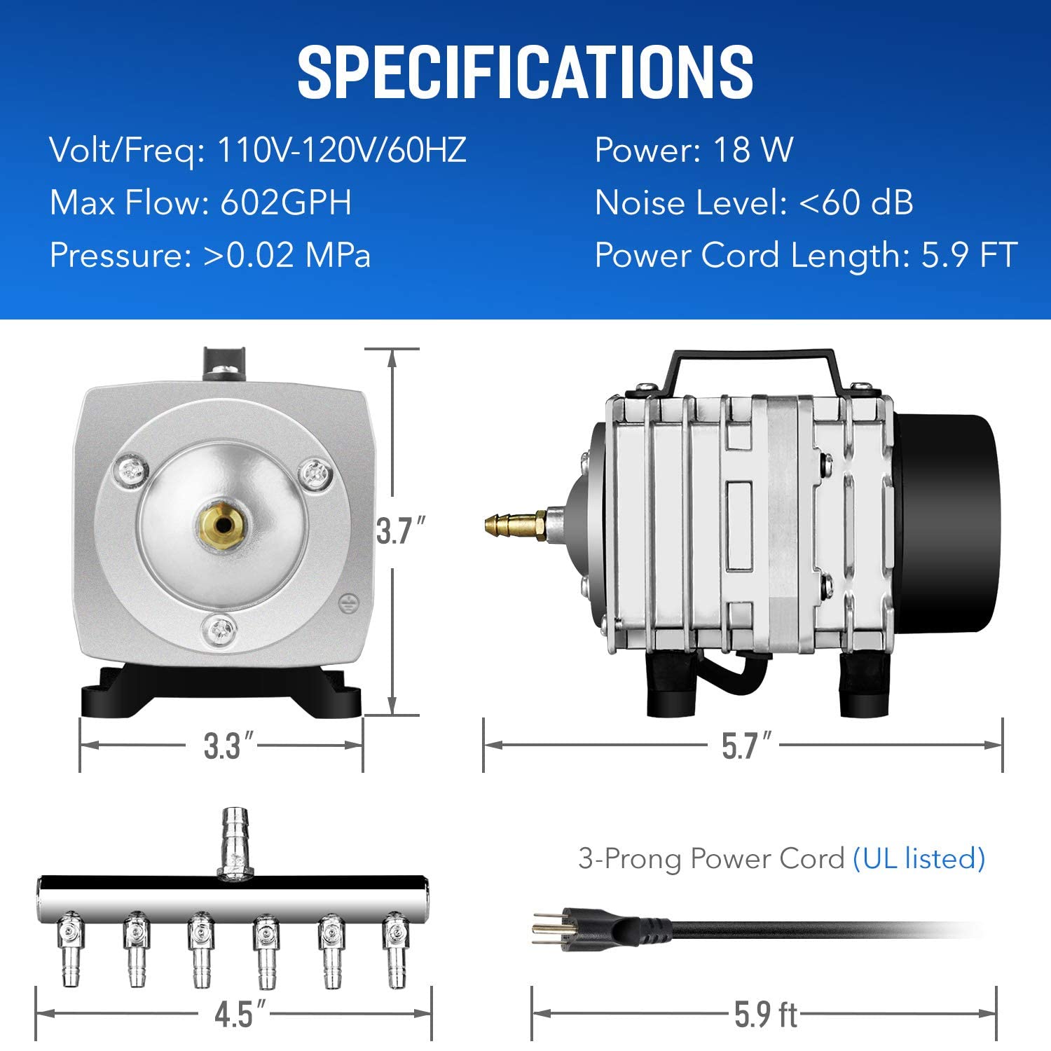 Simple Deluxe 602Gph Air Pump 38L/Min With 6 Adjustable Air Flow Outlets For Aquarium, Fish Tank And Hydroponic Systems, 18W