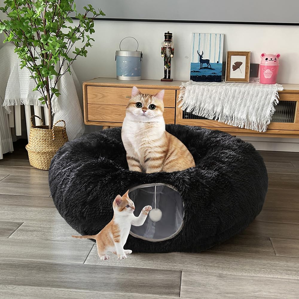 Mabaytir Cat Tunnel Bed For Indoor Cats Black Plush, Collapsible Play Tube With Removable Cushion, Sturdy Cat Toy Playhouse, Sof