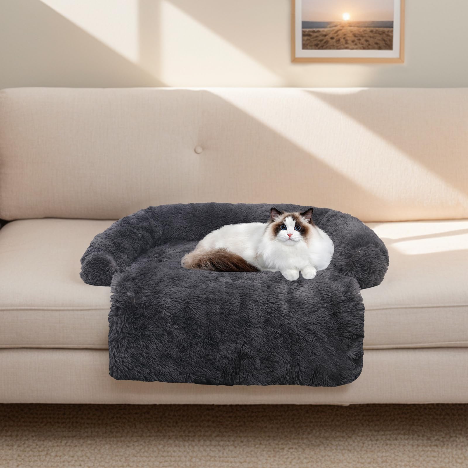 Calming Dog Bed Fluffy Plush Dog Mat For Furniture Protector With Removable Washable Cover For Large Medium Small Dogs And Cats (Xs(31“X23.5”X5“), Dark Grey)