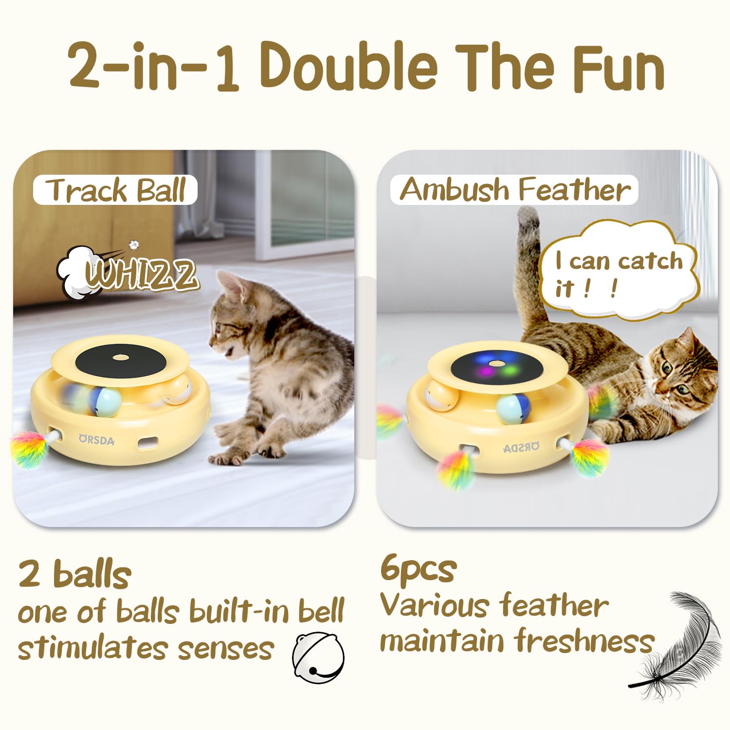 Orsda Cat Toys 2-In-1 Interactive Cat Toys For Indoor Cats, Automatic Cat Toy Balls, Ambush Feather Kitten Toys With 6Pcs Feathe