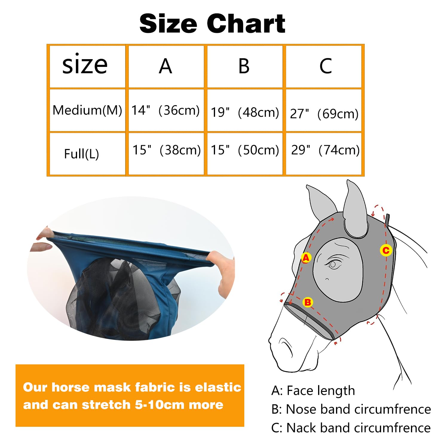 Super Comfort Fly Marsks for Horses of 5pcs Set-Horse FlyMask with Ears- Elasticity Fly Mask with UV Protection(Size:L