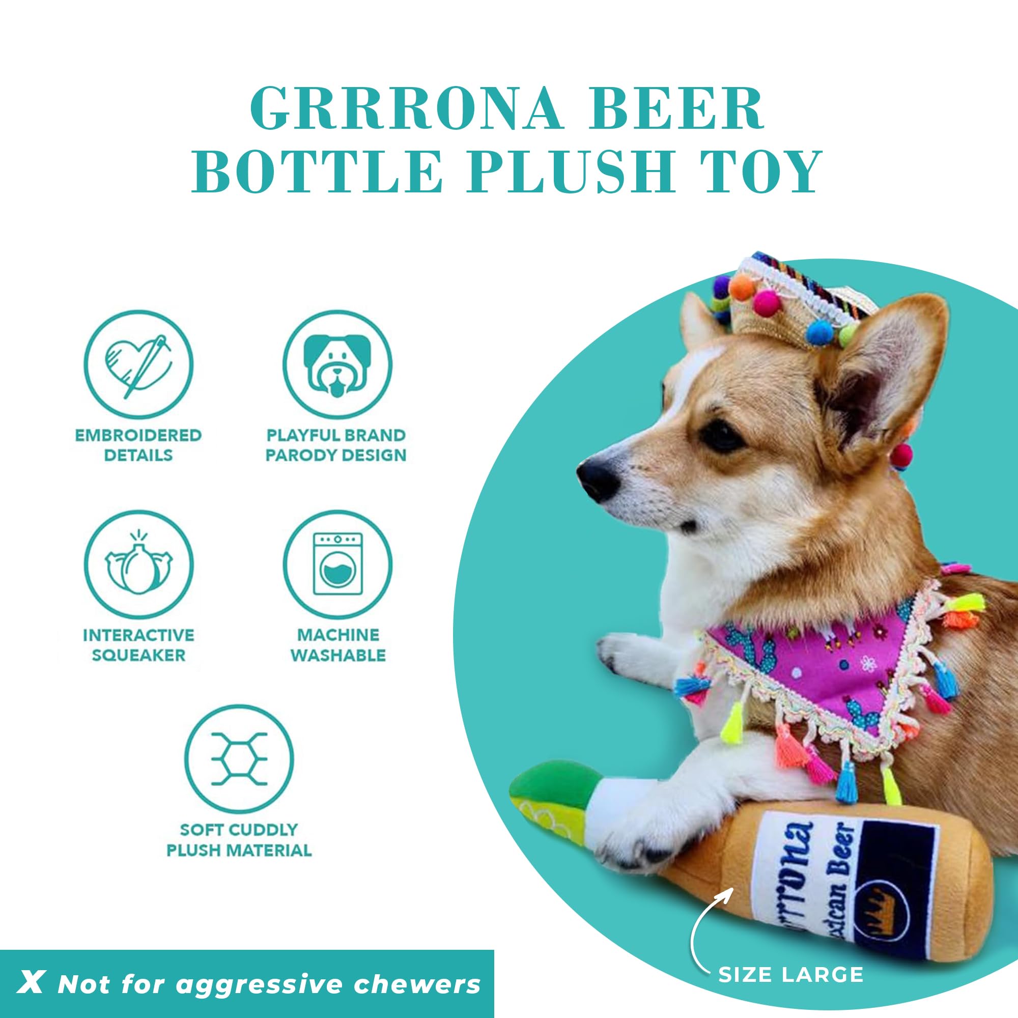 Haute Diggity Dog Grrrona Beer Bottle, Plush Designer Dog Toys with Interactive Squeaker, Stimulating Pet Enrichment, Machine-Wa