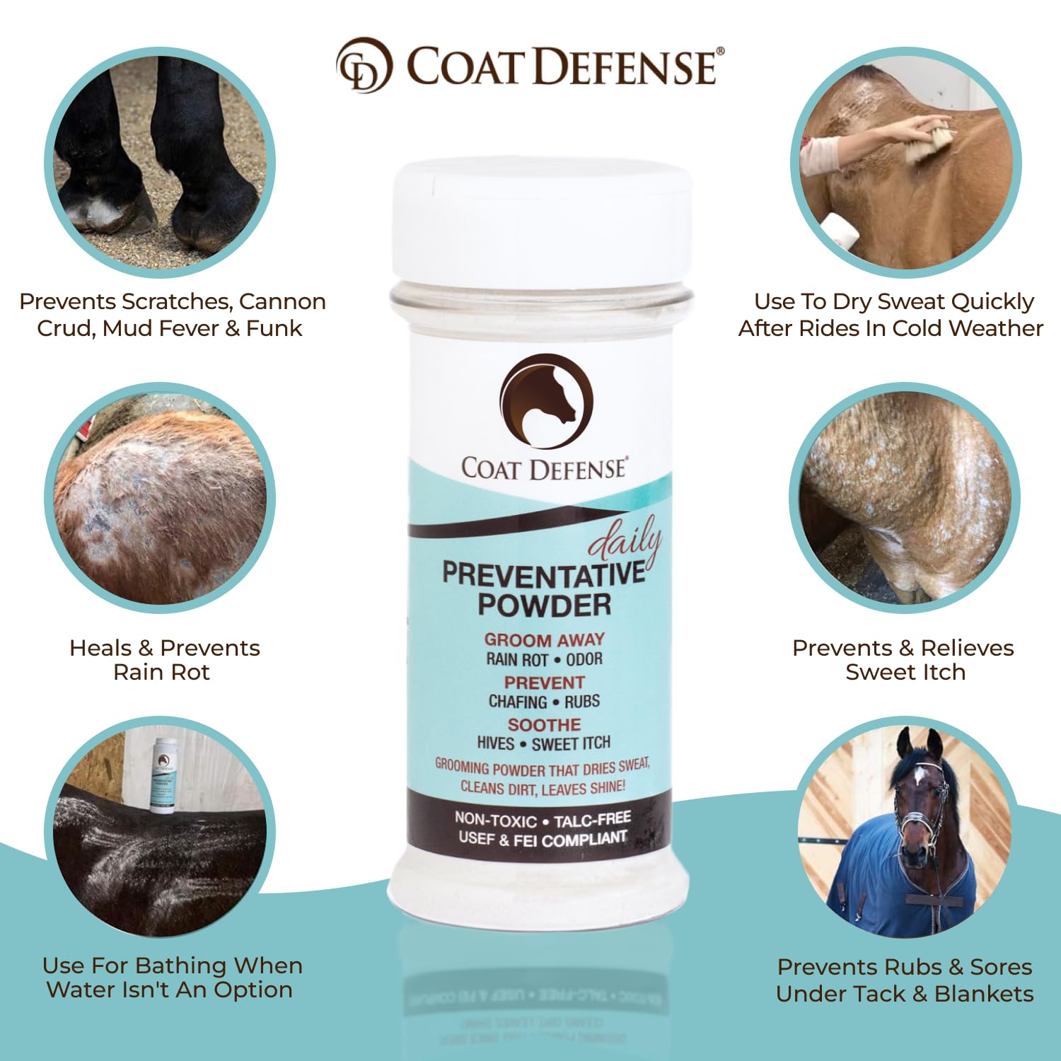Coat Defense Daily Preventative Powder For Horses - Safe & Effective Equine Sweet Itch, Skin Funk, Scratches, & Rain Rot Treatment - Dry Shampoo For Horses, 8 Oz Formula With All Natural Ingredients