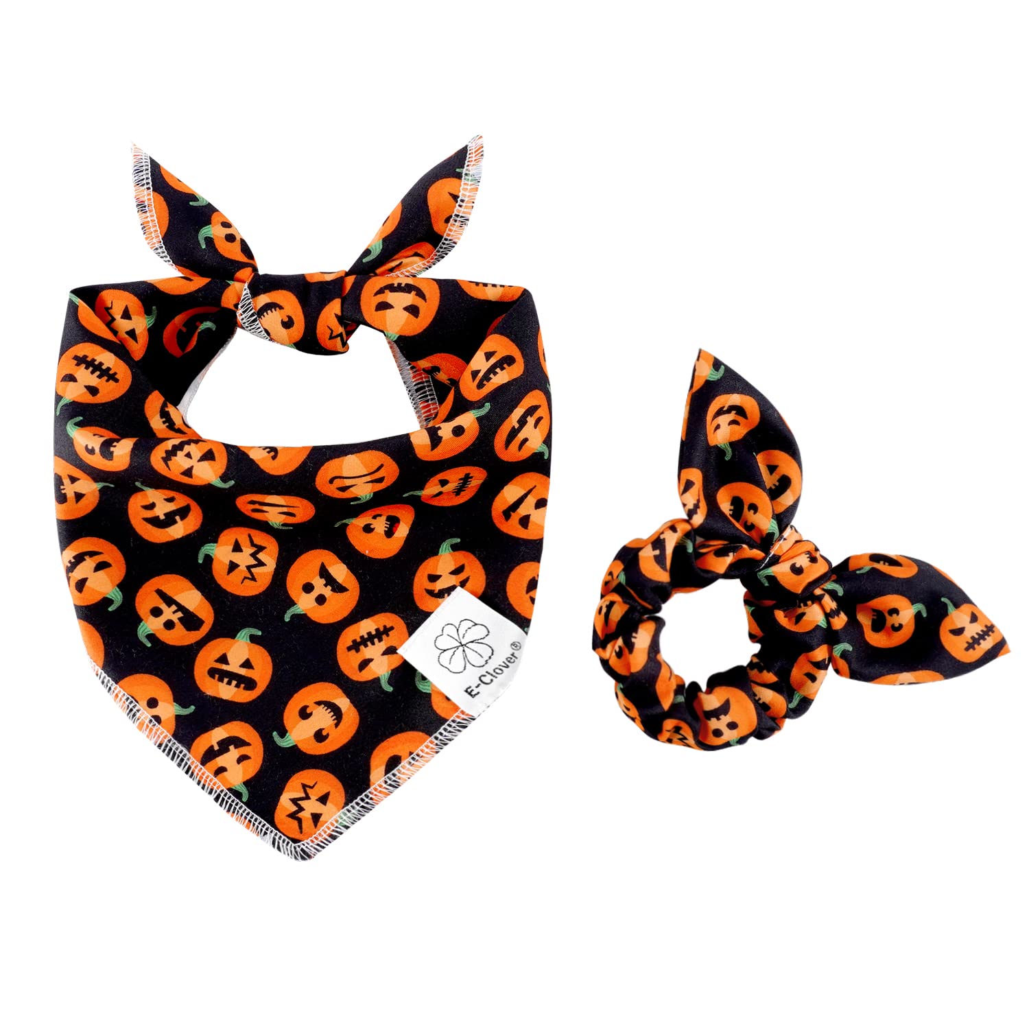 Thanksgiving Dog Bandanas & Matching Scrunchie Set Pumpkin Dog Scarf Kerchiefs Pet Outfit For Medium Large Dogs Owner Mom Orange Black Costumes