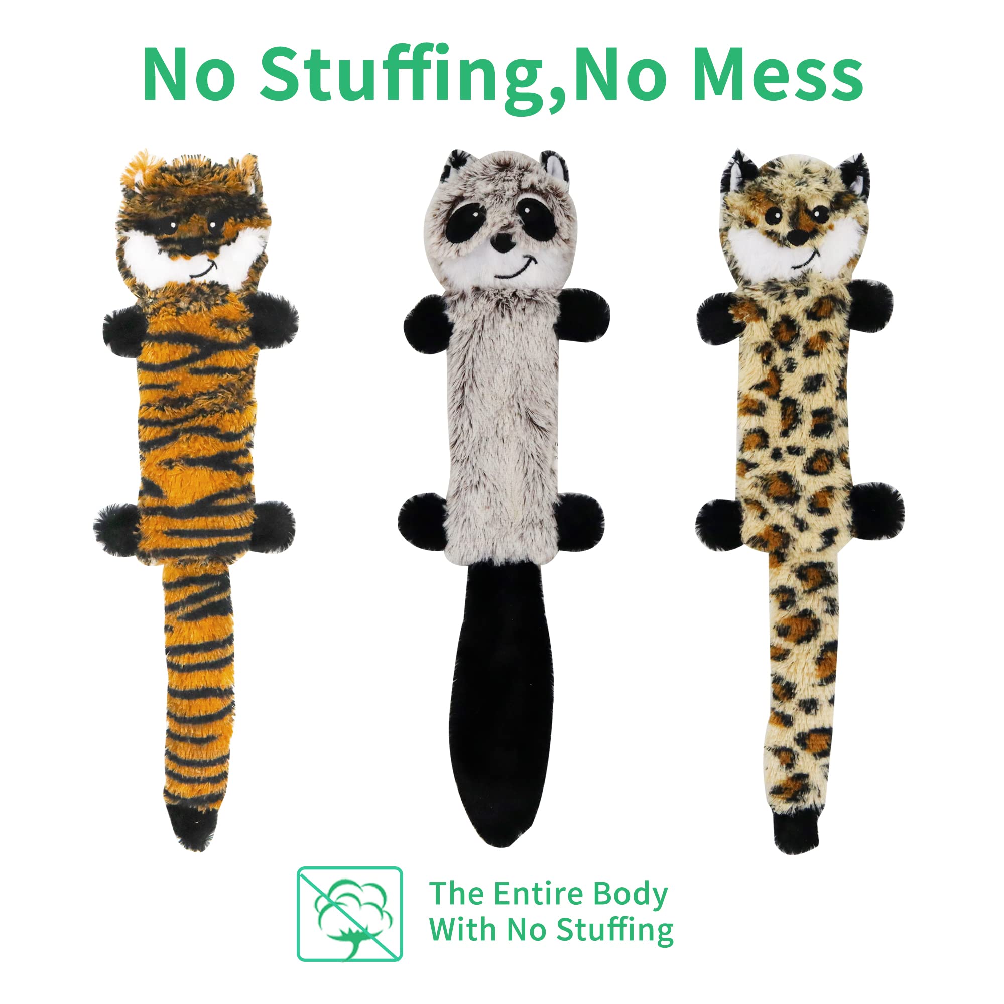 Joytoy Soft Dog Toy Stuffless Pets Toy Sets - Pets Dog Christmas Toy Sets 3 Pack 18 Inch - No Stuffing Puppy Teething Toys(Leopard,Tiger,Raccoon 18 Inch)