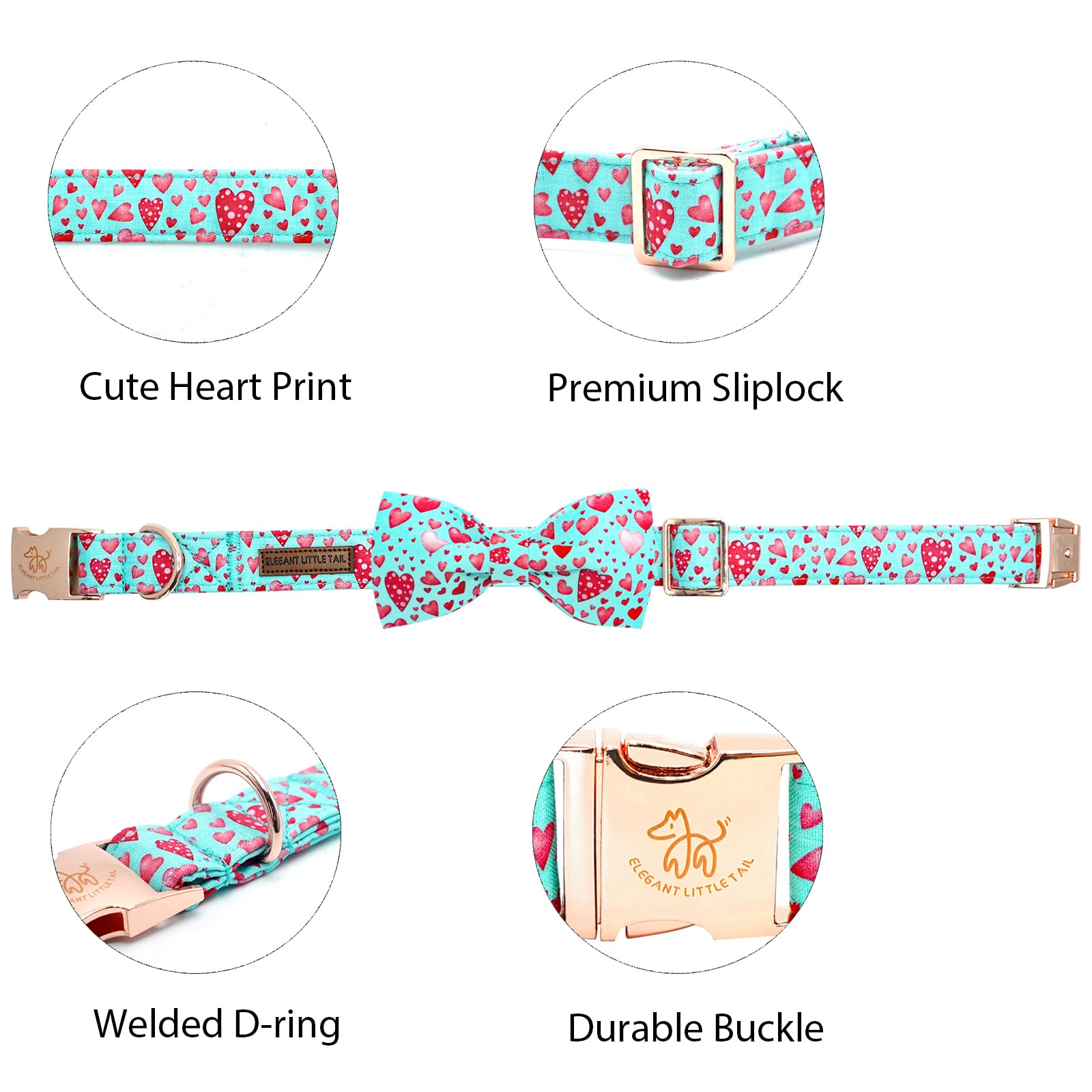 Elegant little tail Valentine's Dog Collar, Cute Pink Heart Dog Collar with Bow for Large Dogs, Female or Male Adjustable Cotton