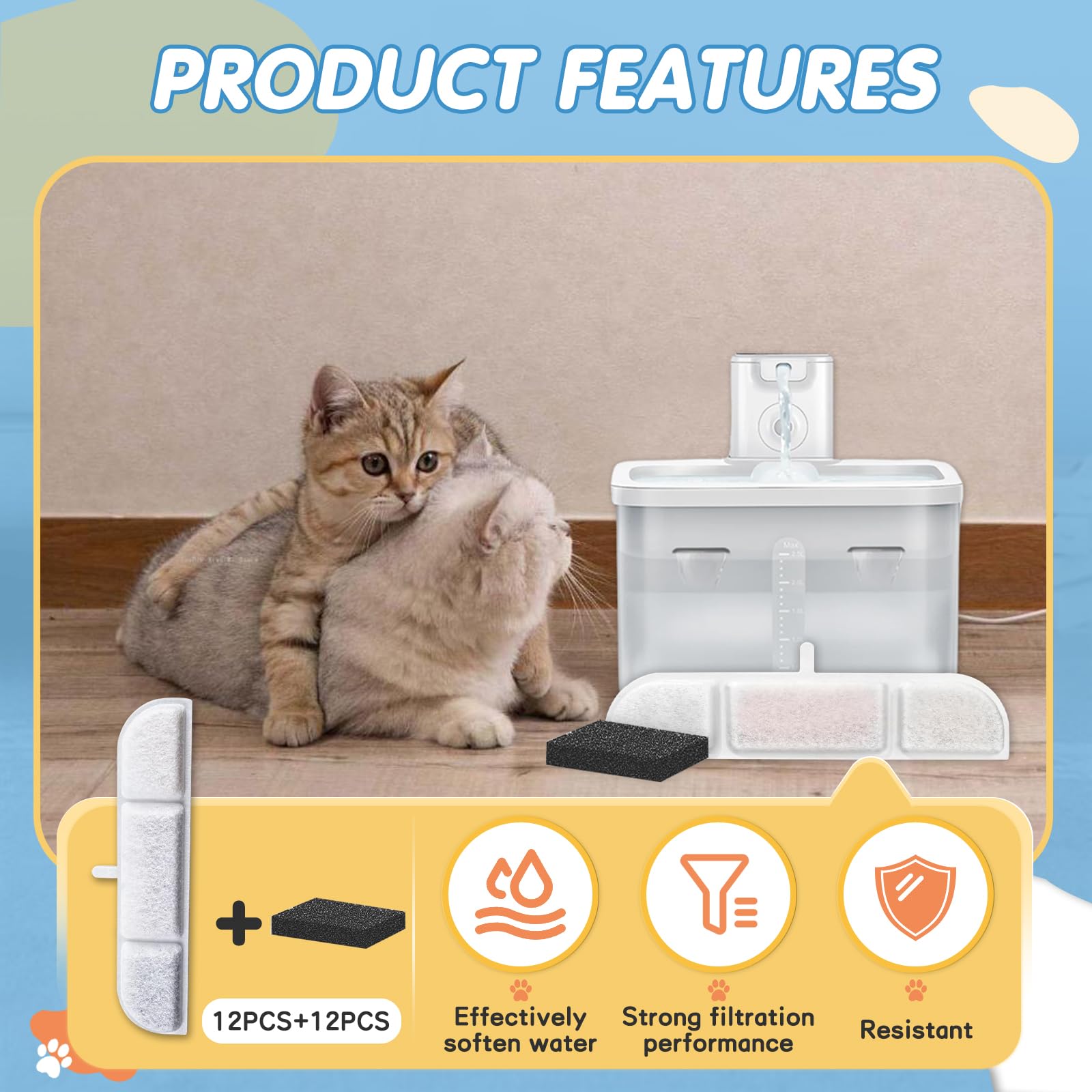 12Packs Replacement Filters Compatible with Downy Paws Cat Water Fountain - Triple Filtration Filters for DownyPaws 84oz/2.5L Wi