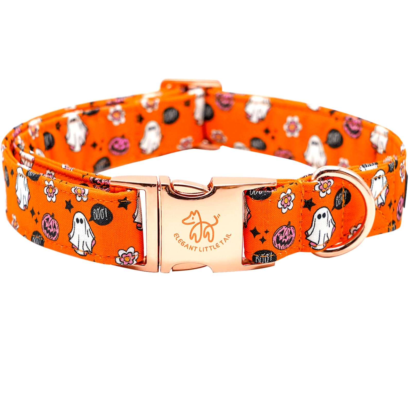 Elegant Little Tail Pumpkin Print Cotton Dog Collar - Adjustable With Metal Buckle For X-Small Puppy