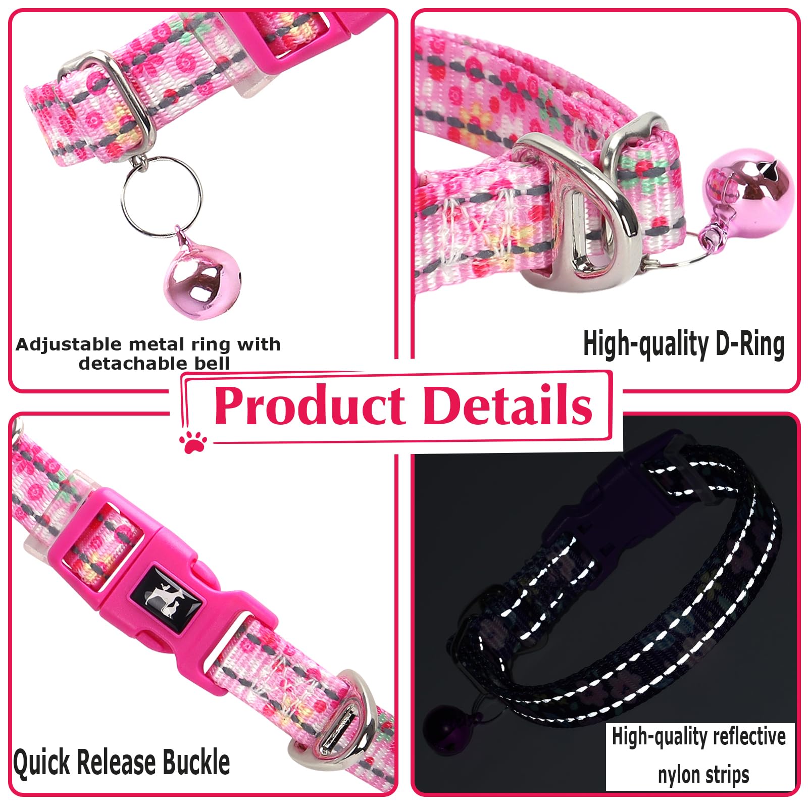 Pink Puppy Collar With Bell For Small Dogs - Reflective, Adjustable & Lightweight For Xs & S Dogs, Comfortable & Safe For Everyd