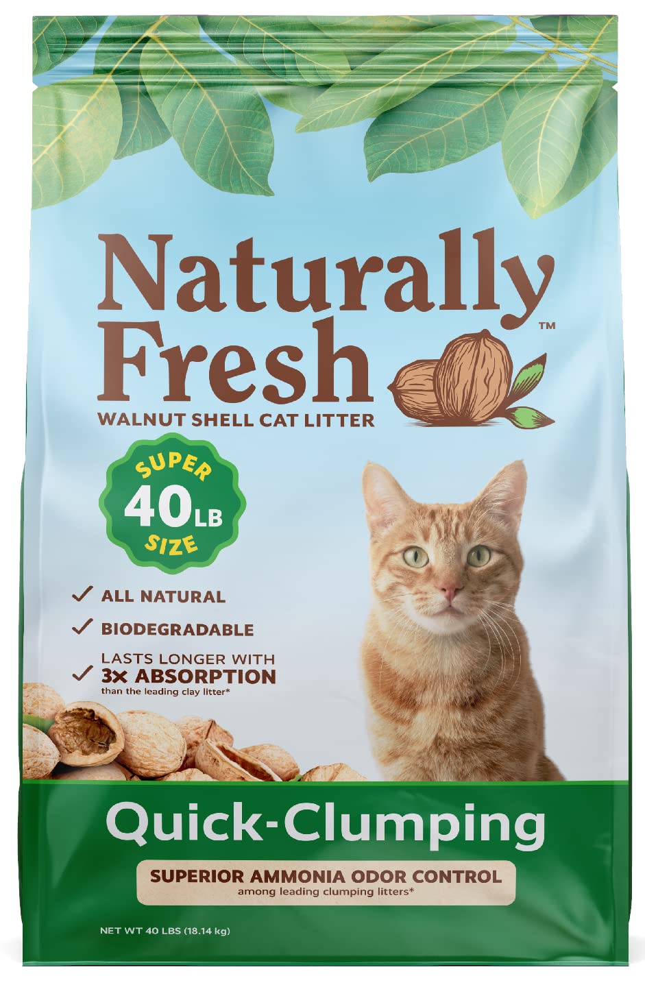 Eco-Shell Naturally Fresh Cat Litter Made from Walnut Shells, Single Cat, Unscented, Biodegradable, Dust-Free, Sustainable, 40 L