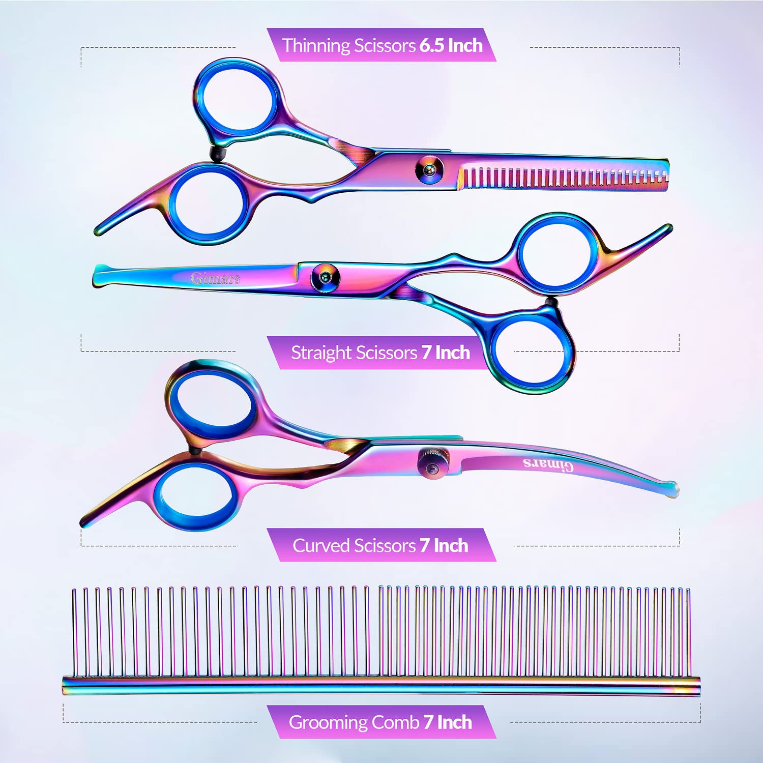 Gimars Dog Grooming Scissors Kit Professional 4Cr With Safety Round Tip, 5 In 1 Heavy Duty Titanium Coated Thinning & Curved & S