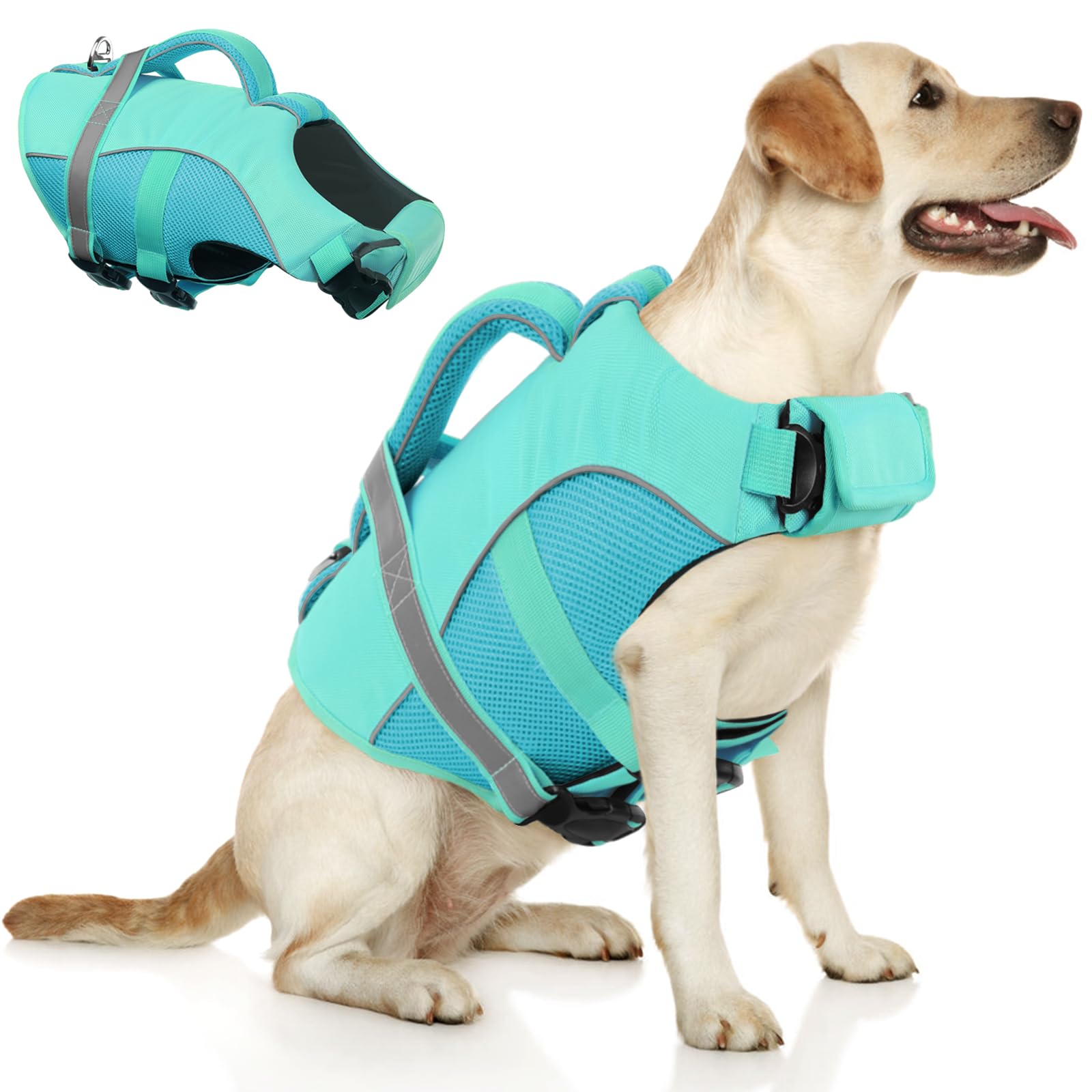Queenmore Dog Life Vest For Swimming Boating, Adjustable Ripstop Dog Life Jacket, Lifesaver With Superior Buoyancy And Rescue Ha